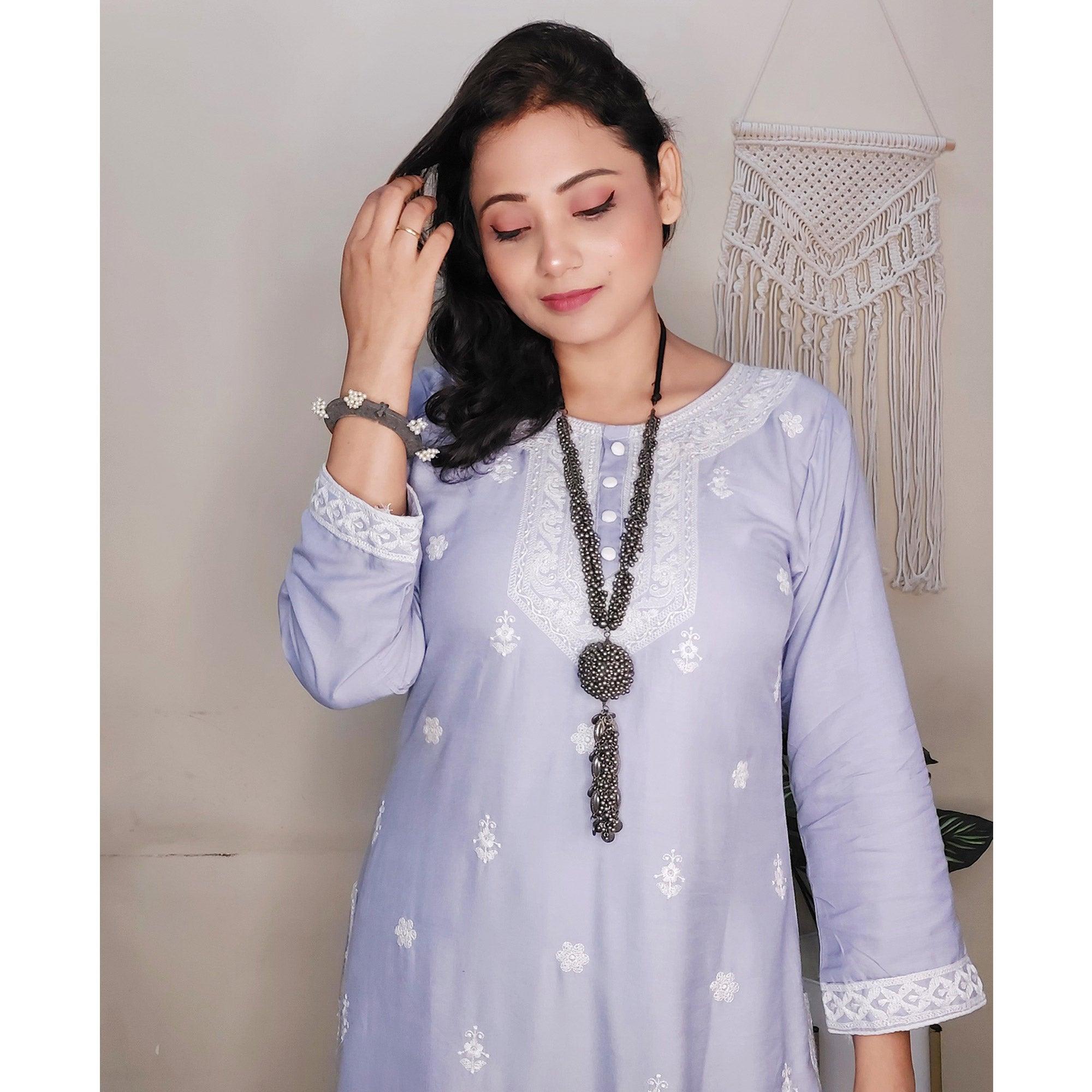 Peachmode Seller Captivating Lavendar Colored Casual Wear Embroidered Pure Rayon Viscose Kurti - view 7