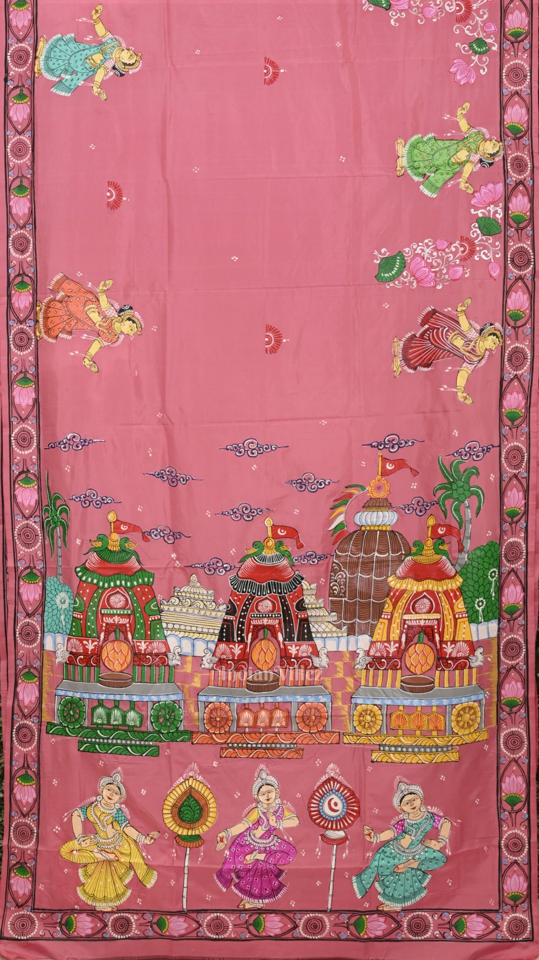 IndianVillèz Peach Pink Shree Jagannath Ratha Yatra Hand-Painted Pattachitra Saree