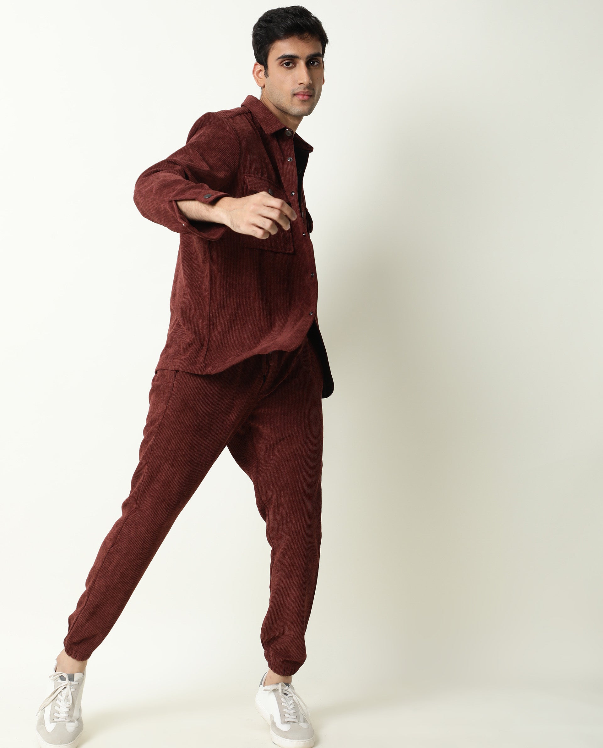 Rare Rabbit Men's Acro Dark Maroon Polyester Fabric Drawstring Corduroy Joggers Trousers - view 6