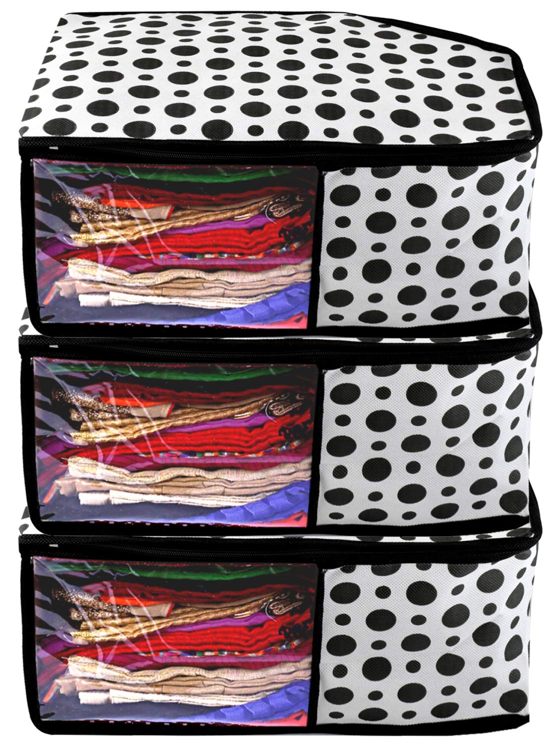 Kuber Industries Exclusive Polka Dots 3 Pieces Non Woven Blouse Cover Set (Black & White) -CTLTC039389