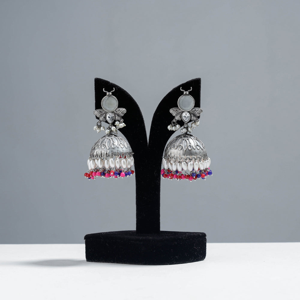 WHITE RIVER STORIES Antique Silver Finish Oxidised Brass Base Jhumki Earrings