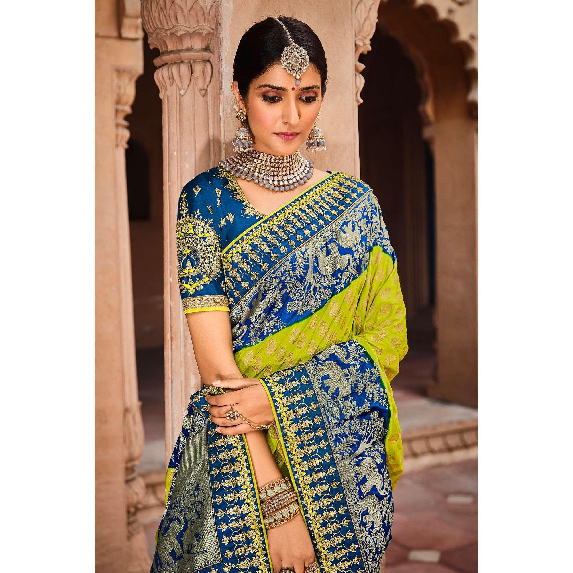 Peachmode Blue-Parrot Green Festive Wear Woven With Zari & Diamond Work Banarasi Silk Saree - view 4
