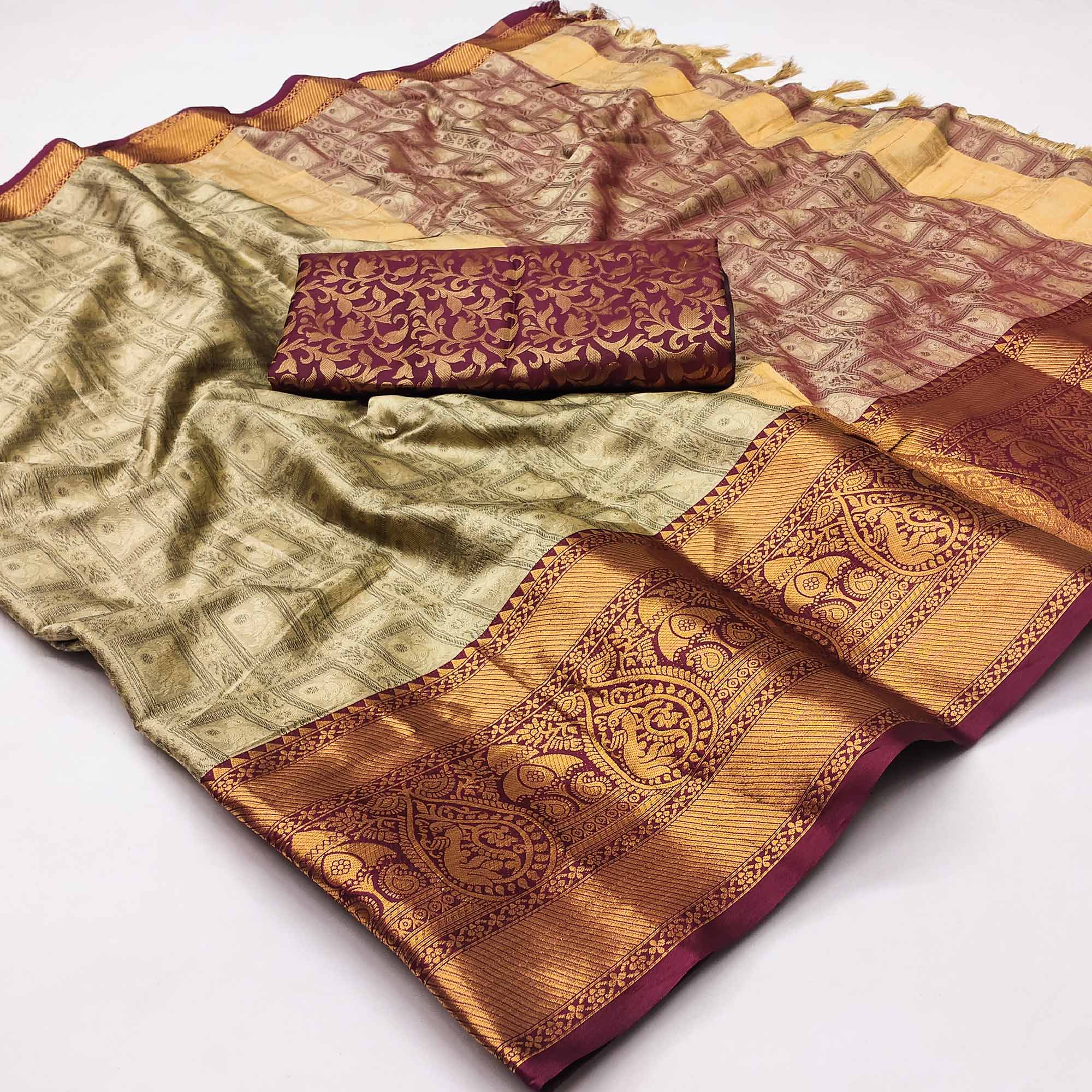 Peachmode Chikoo Woven Cotton Silk Saree With Tassels