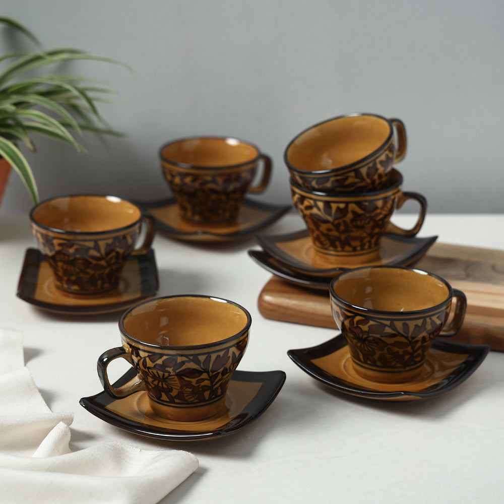 HAVELI CHRONICLES Brown - Royal Mughal Handpainted Ceramic Cups Saucers Set (Set of 6)
