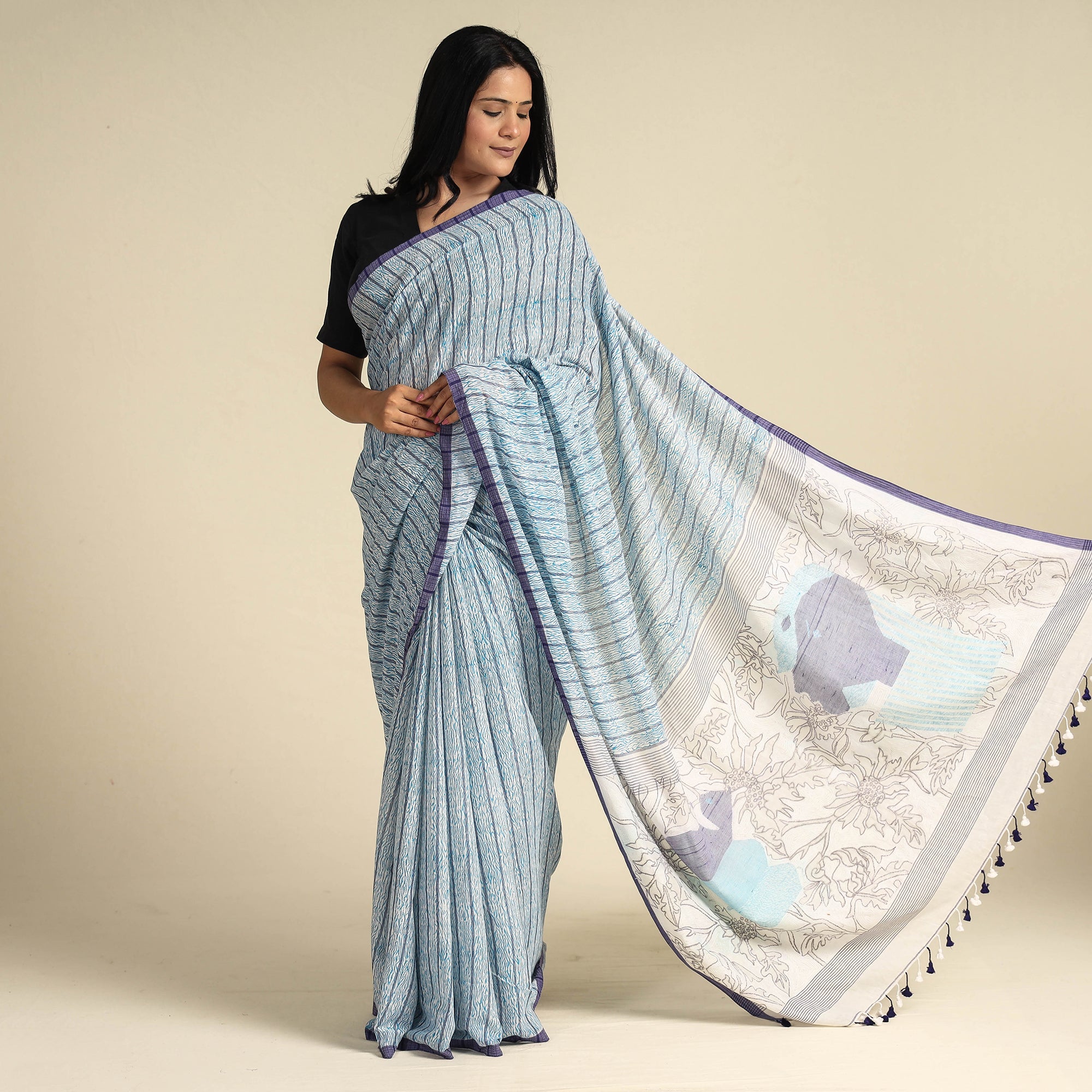 KHUSHBASH - HAPPY LOOM OF EAST Blue - Bengal Kantha Hand Embroidery Handloom Cotton Saree with Tassels 20