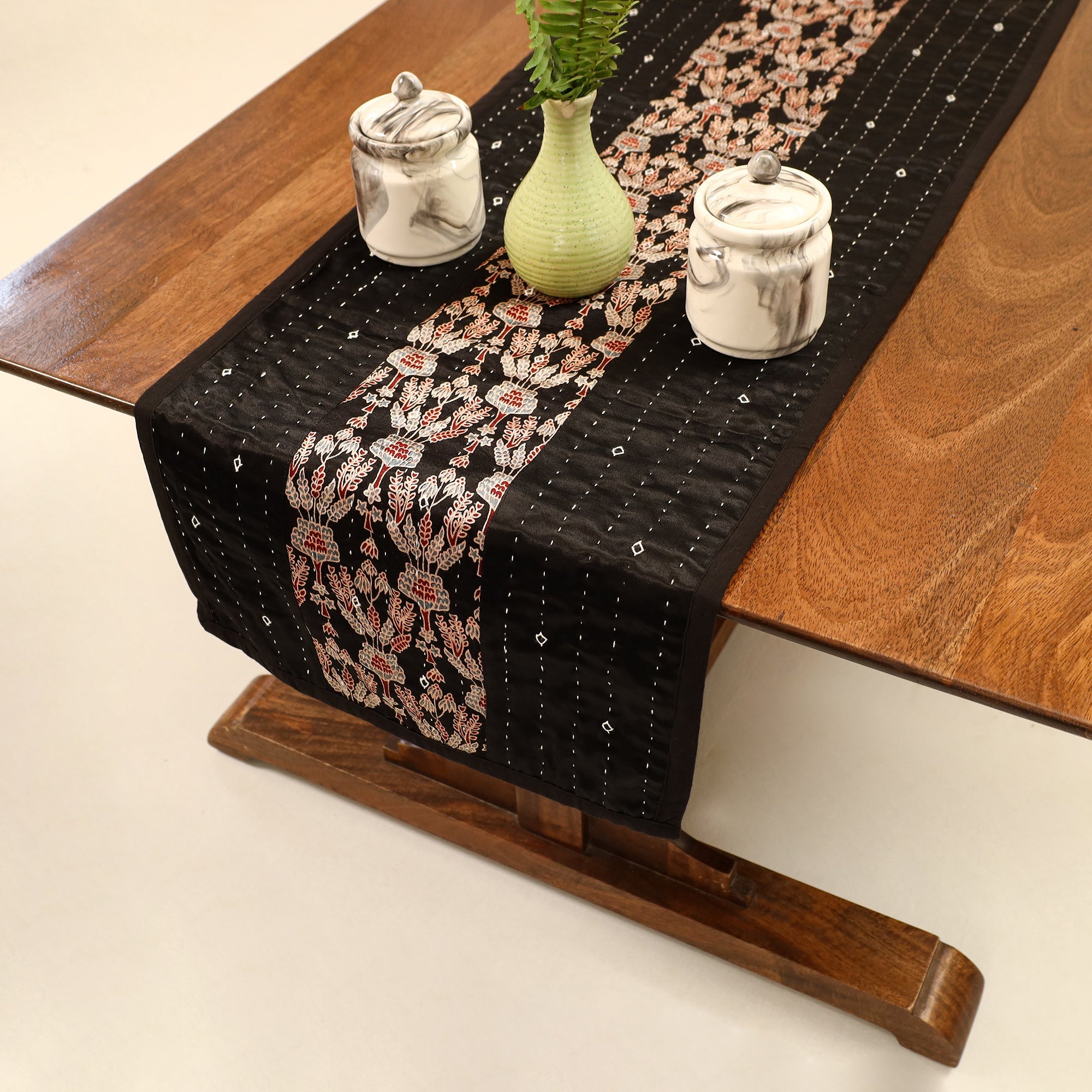 KACHCHH JI CHHAAP Black - Kutch Tagai Ajrakh Patchwork Mashru Silk Table Runner (48 x 14 in) 06 - view 2