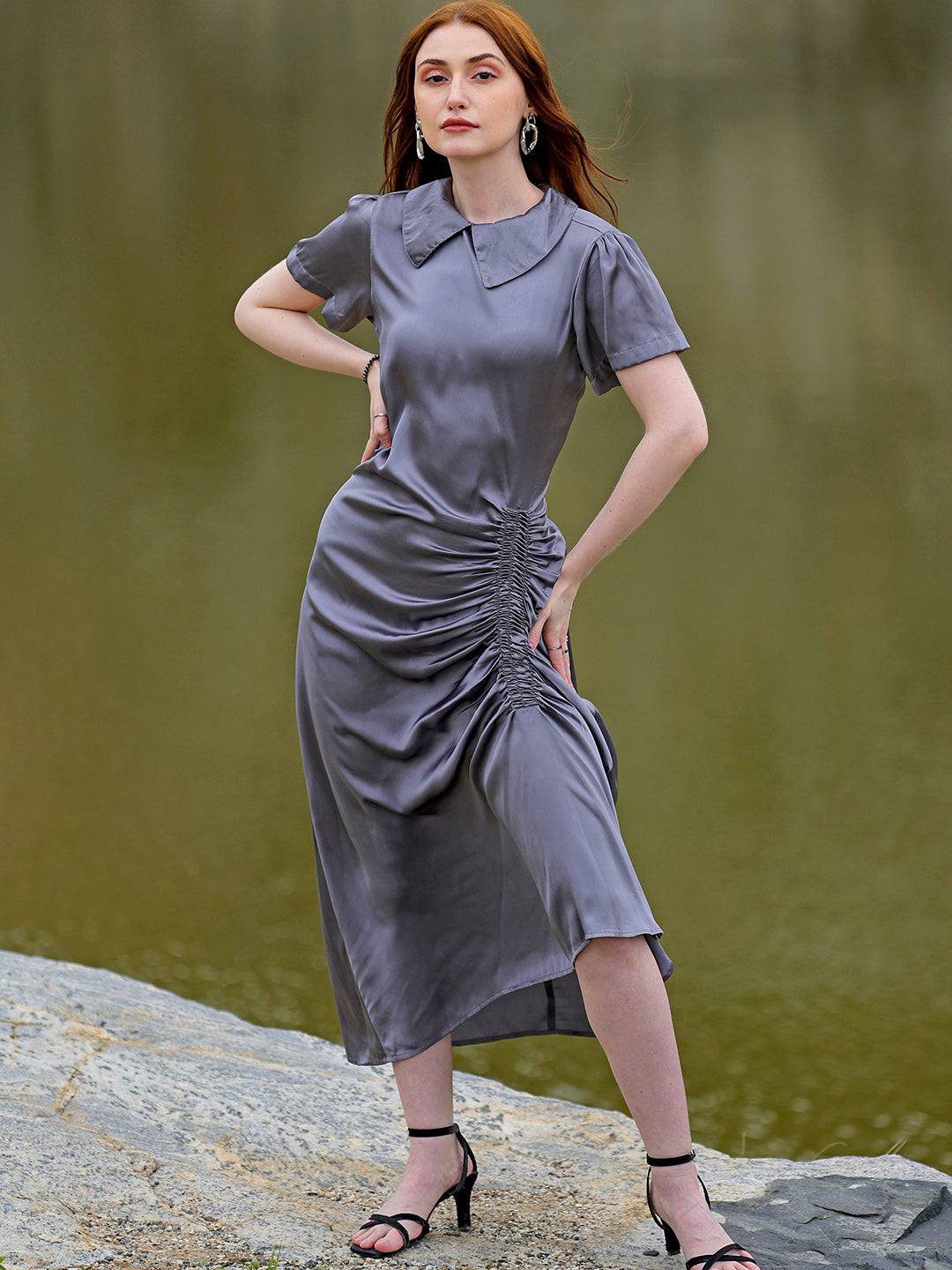 Freehand by The Indian Garage Co Women's Grey Straight Solid Round Neck Asymmetric Dress