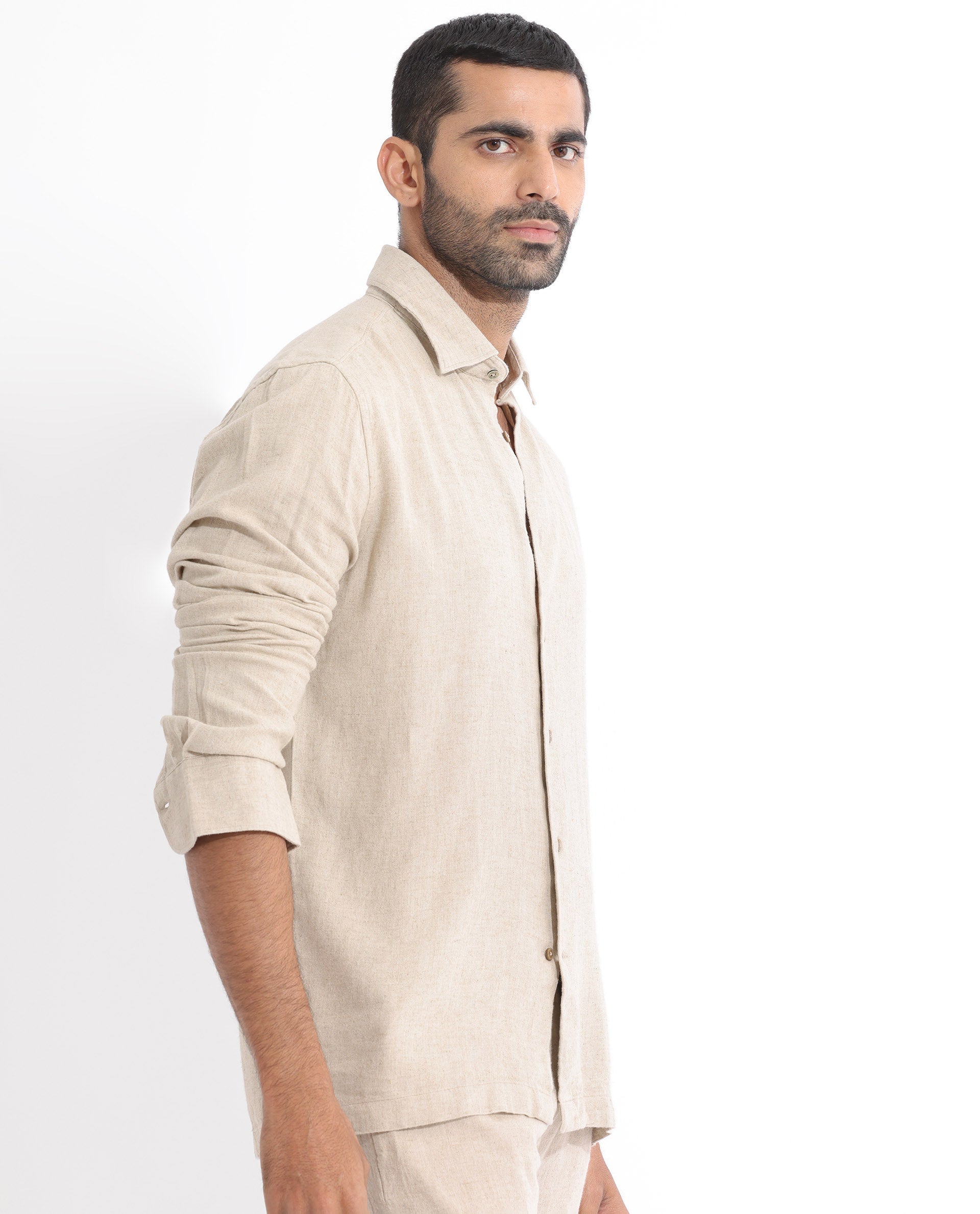 Rare Rabbit Men's Lunet Beige Linen Full Sleeves Solid Shirt - view 5