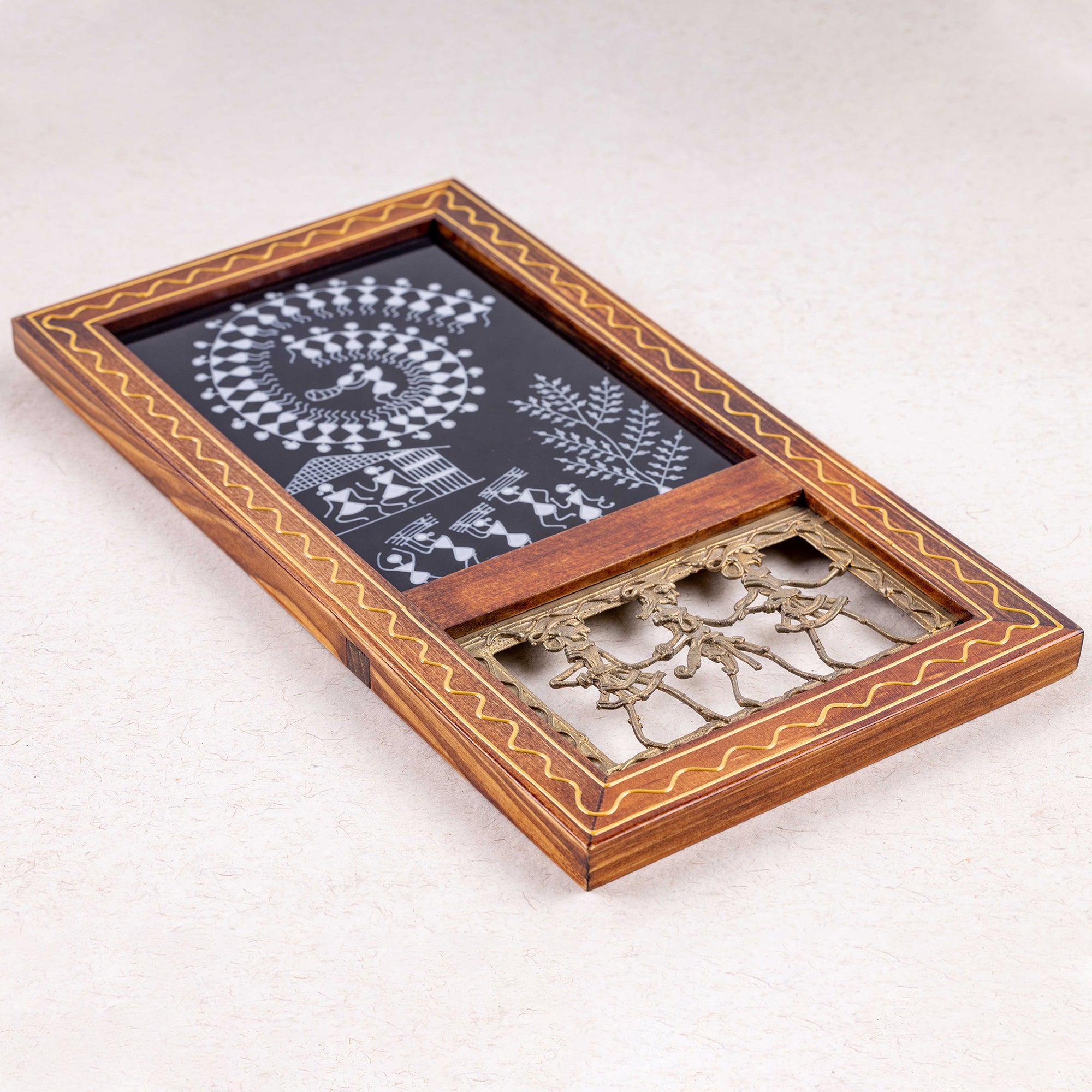 INDIHANDS Anandi - Hand-Painted Glass Fusion Warli Celebration Wall Art Frame