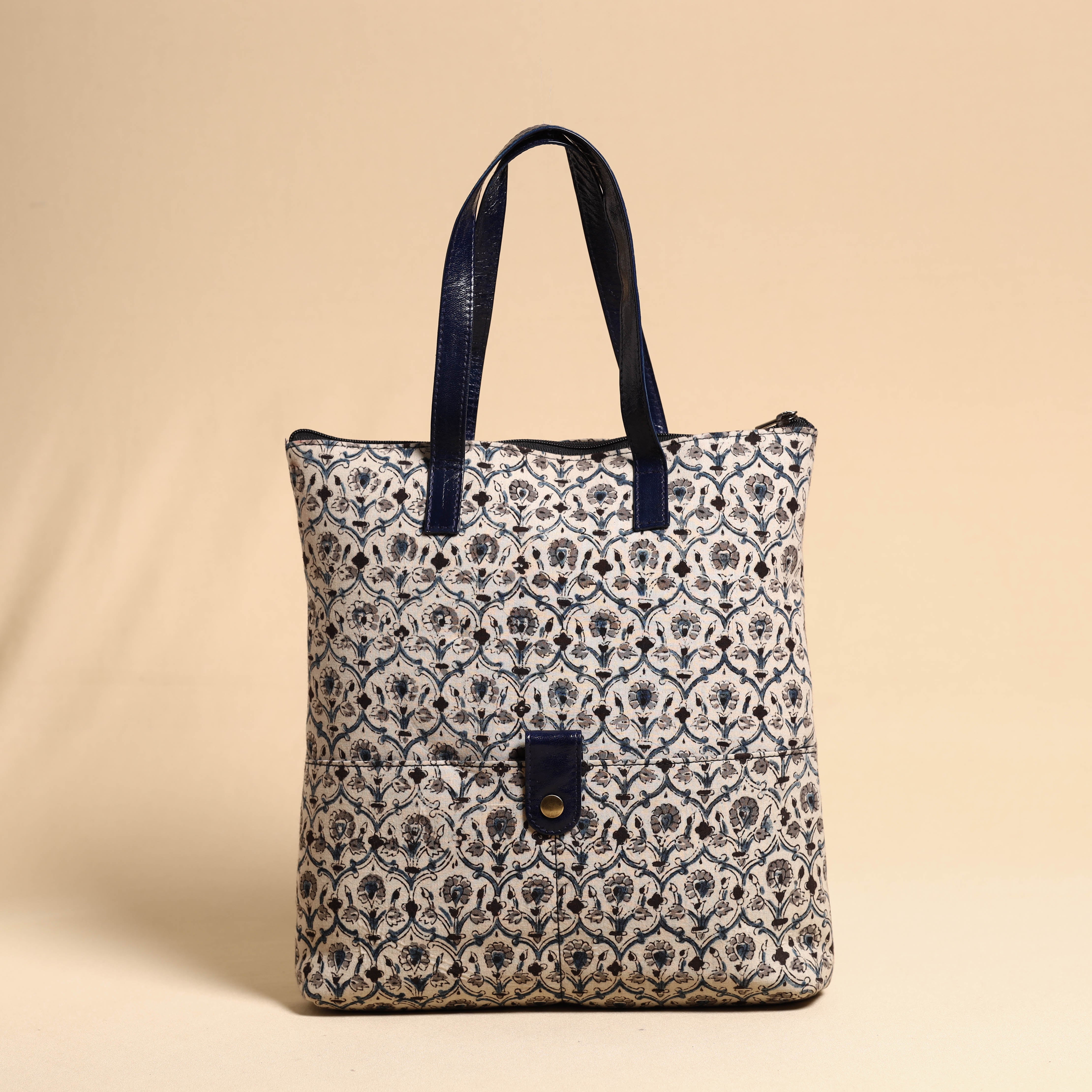 ASALKAAR Beige - Handcrafted Kalamkari Block Printed Hand Bag with Leather Handle