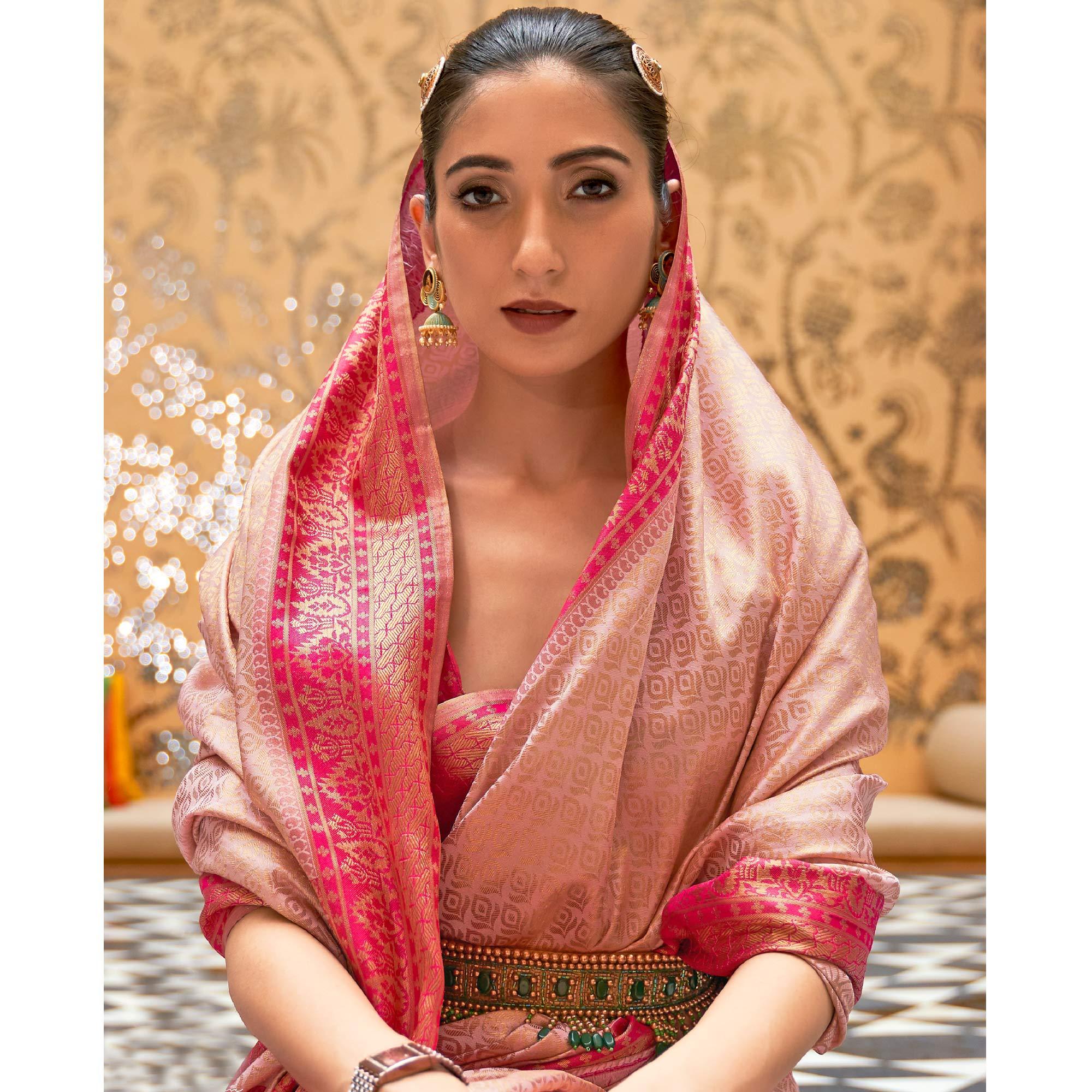 Peachmode Light Pink Partywear Zari Woven Pure Silk Saree - view 3