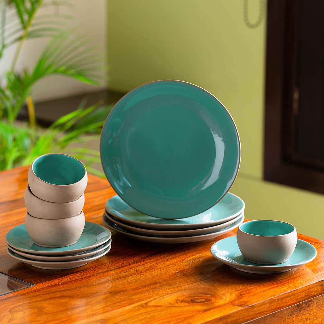 EXCLUSIVELANE 'Earthen Turquoise' Hand Glazed Dinner Plates With Side/Quarter Plates & Katoris In Ceramic (12 Pieces, Serving for 4, Microwave Safe)