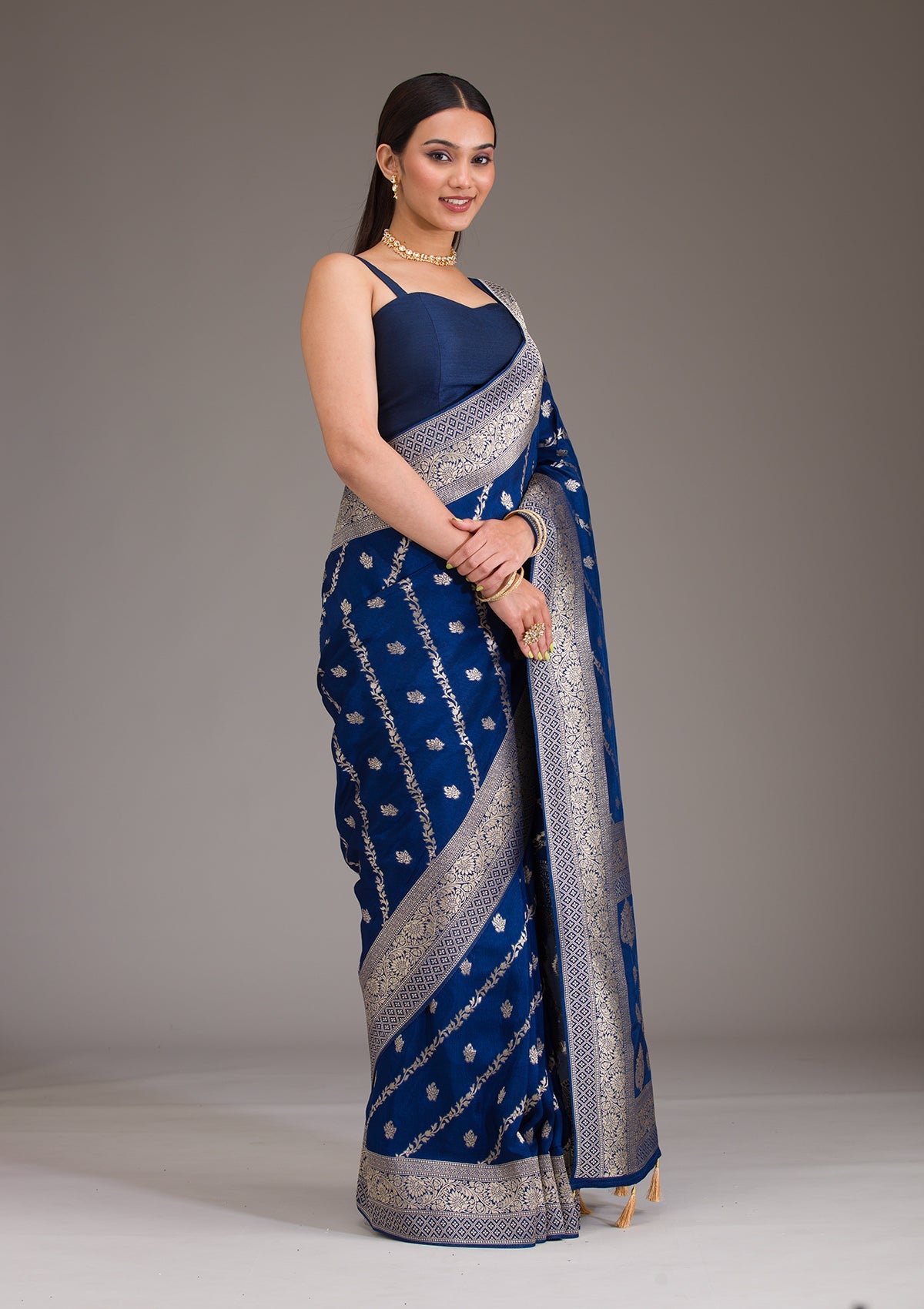 Koskii Navy Blue Zariwork Semi Crepe Saree – Women's - view 3