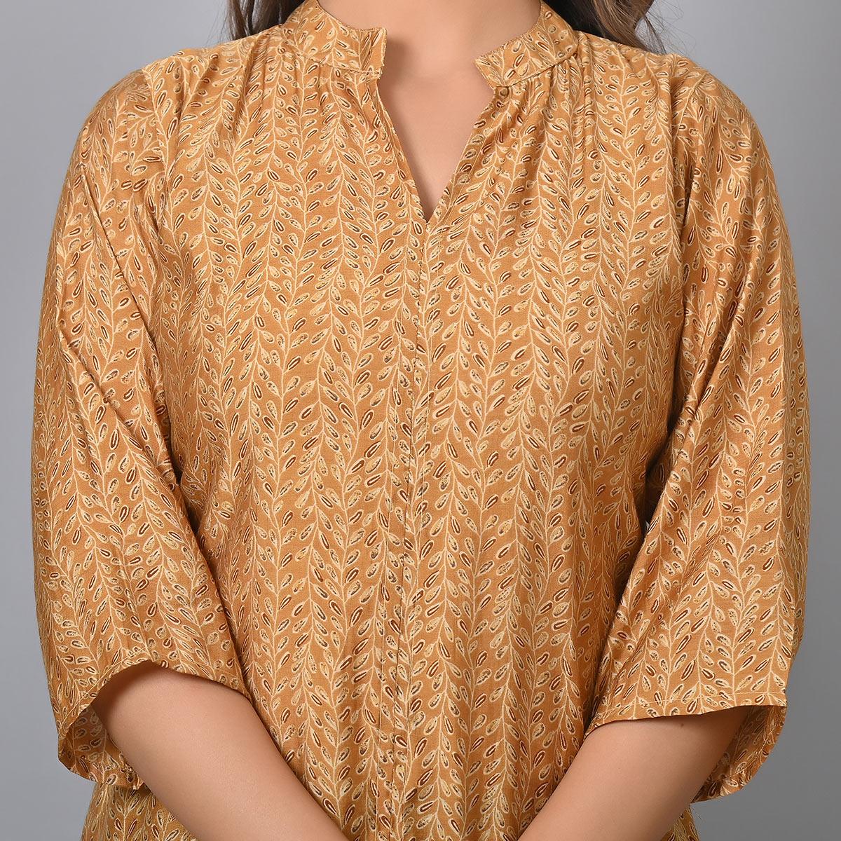Peachmode Chikoo Colored Floral Printed Chanderi Top - view 3