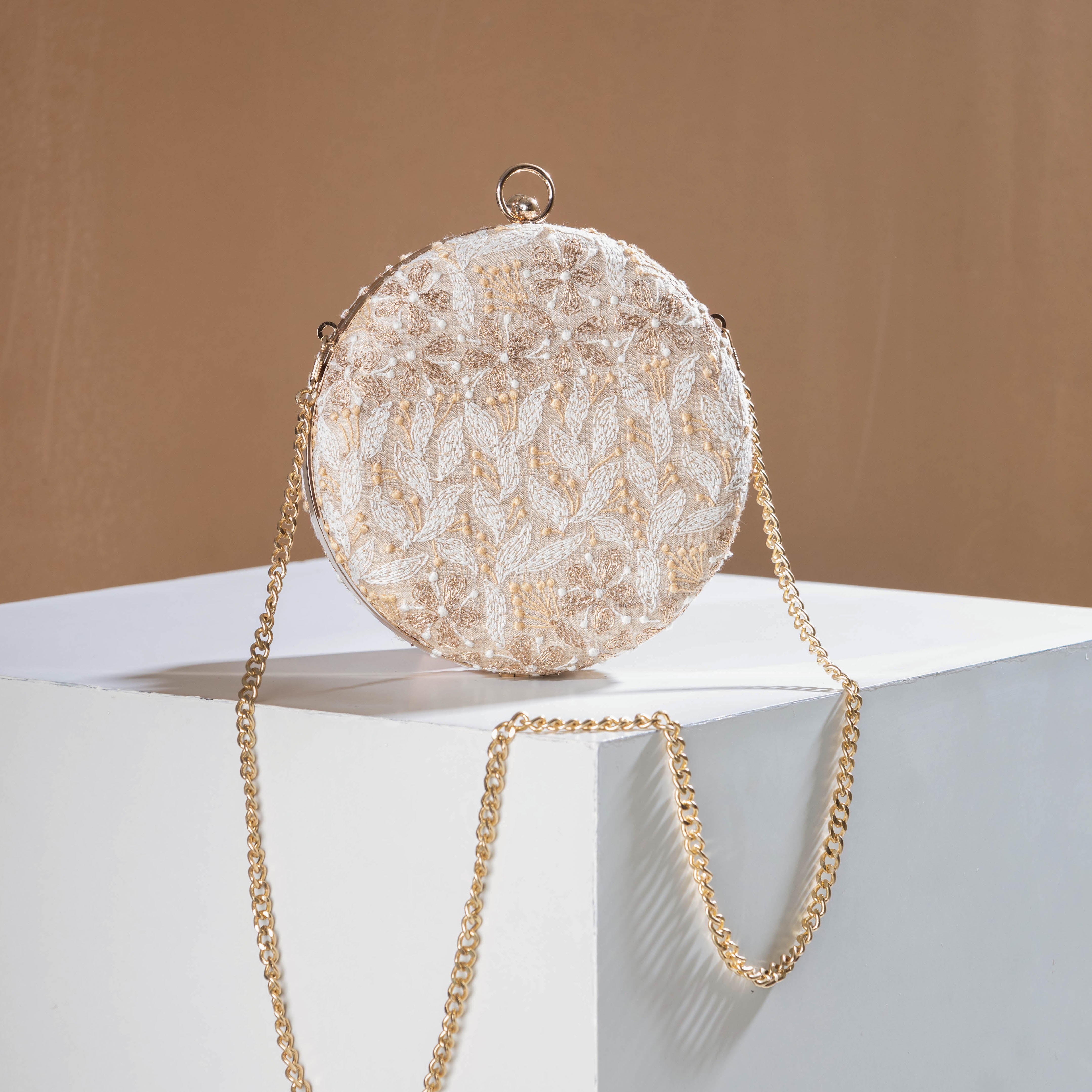 LAVANGG Beige - Chikankari Zari Hand Embroidered Tussar Silk Clutch/Sling Bag