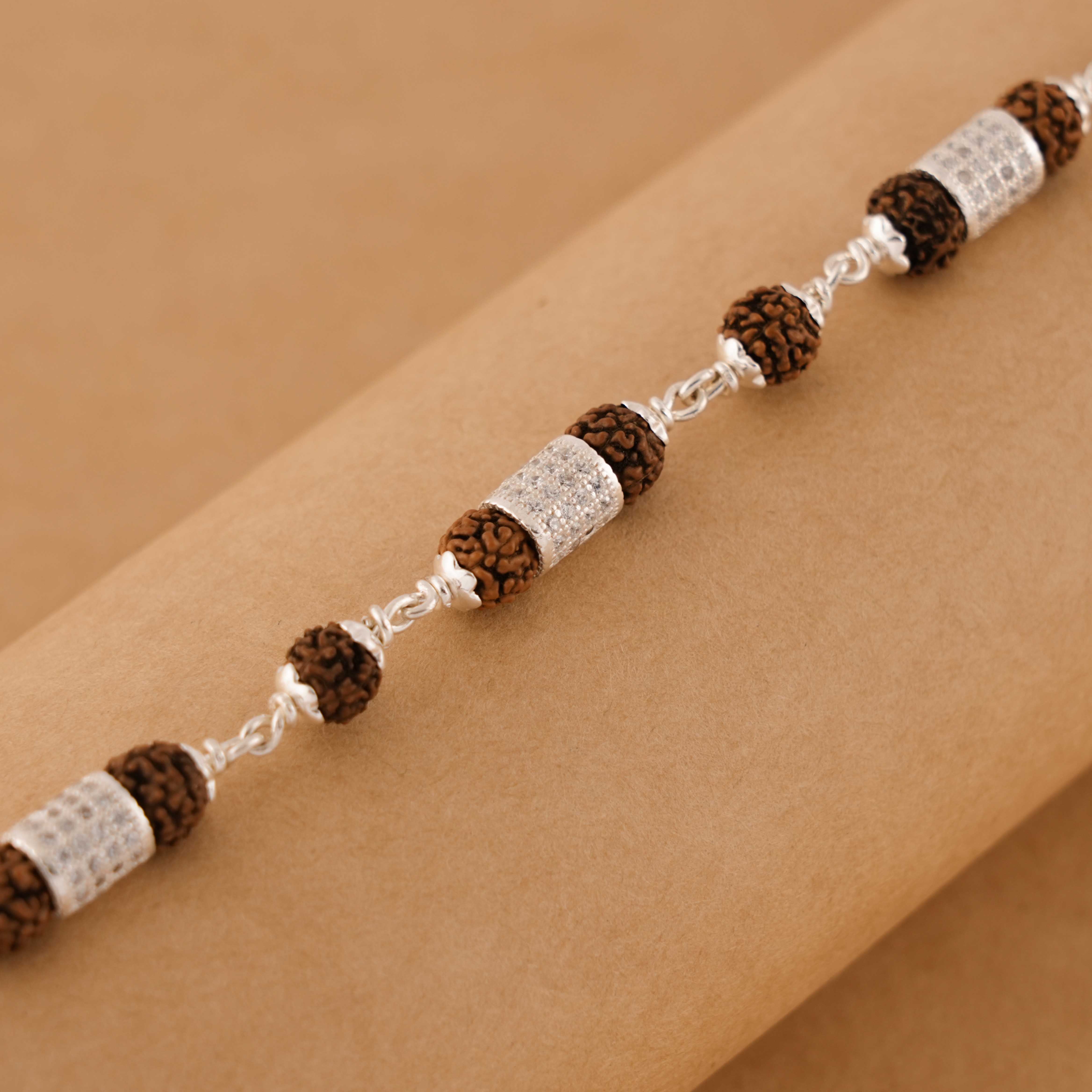 Prinjal Jewellers Silver Rakhi with Rudraksha and Three Diamond Cylinders - view 3