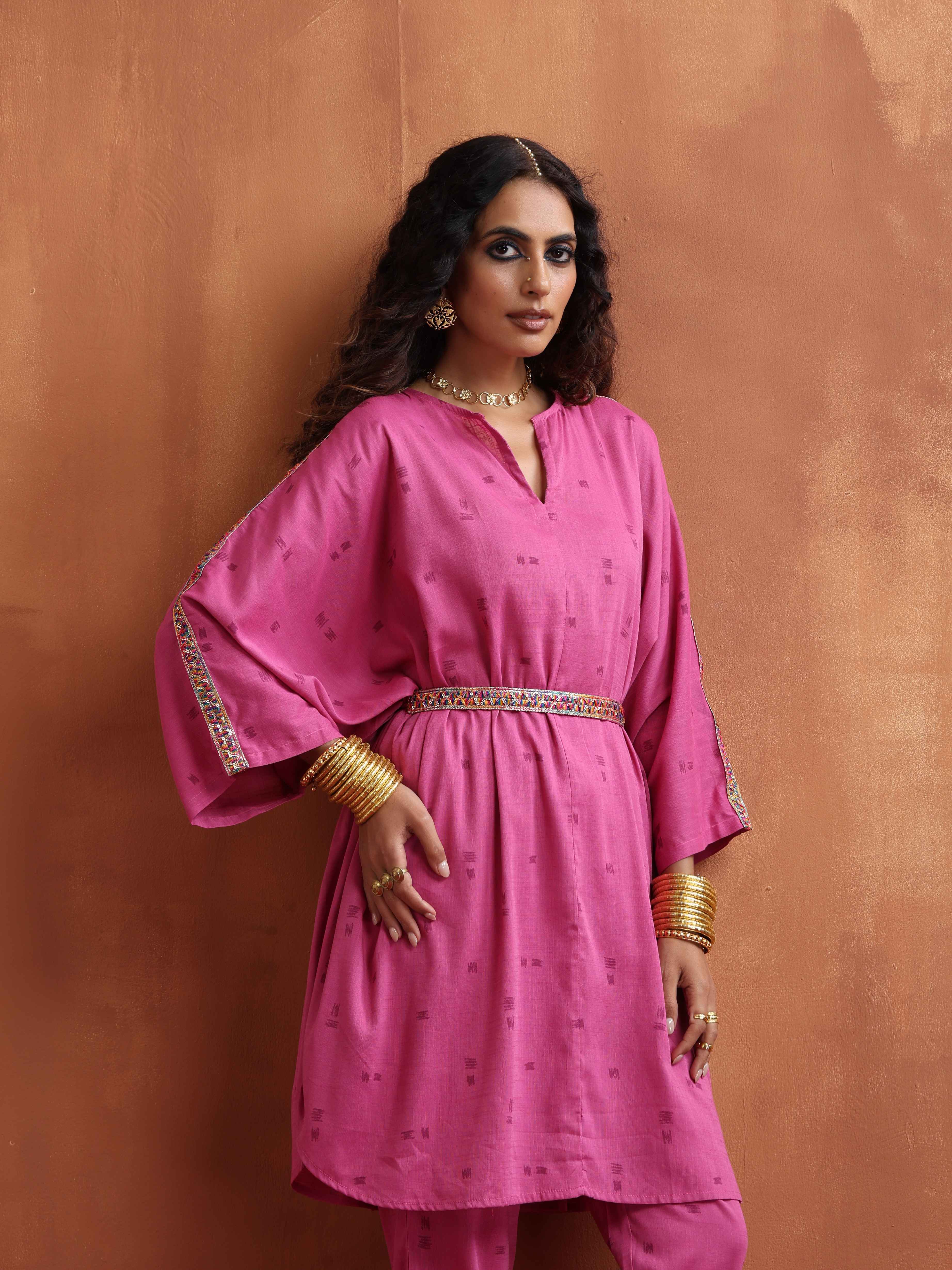 trueBrowns Pink Print Kaftan Kurta Co-ord Set - view 5