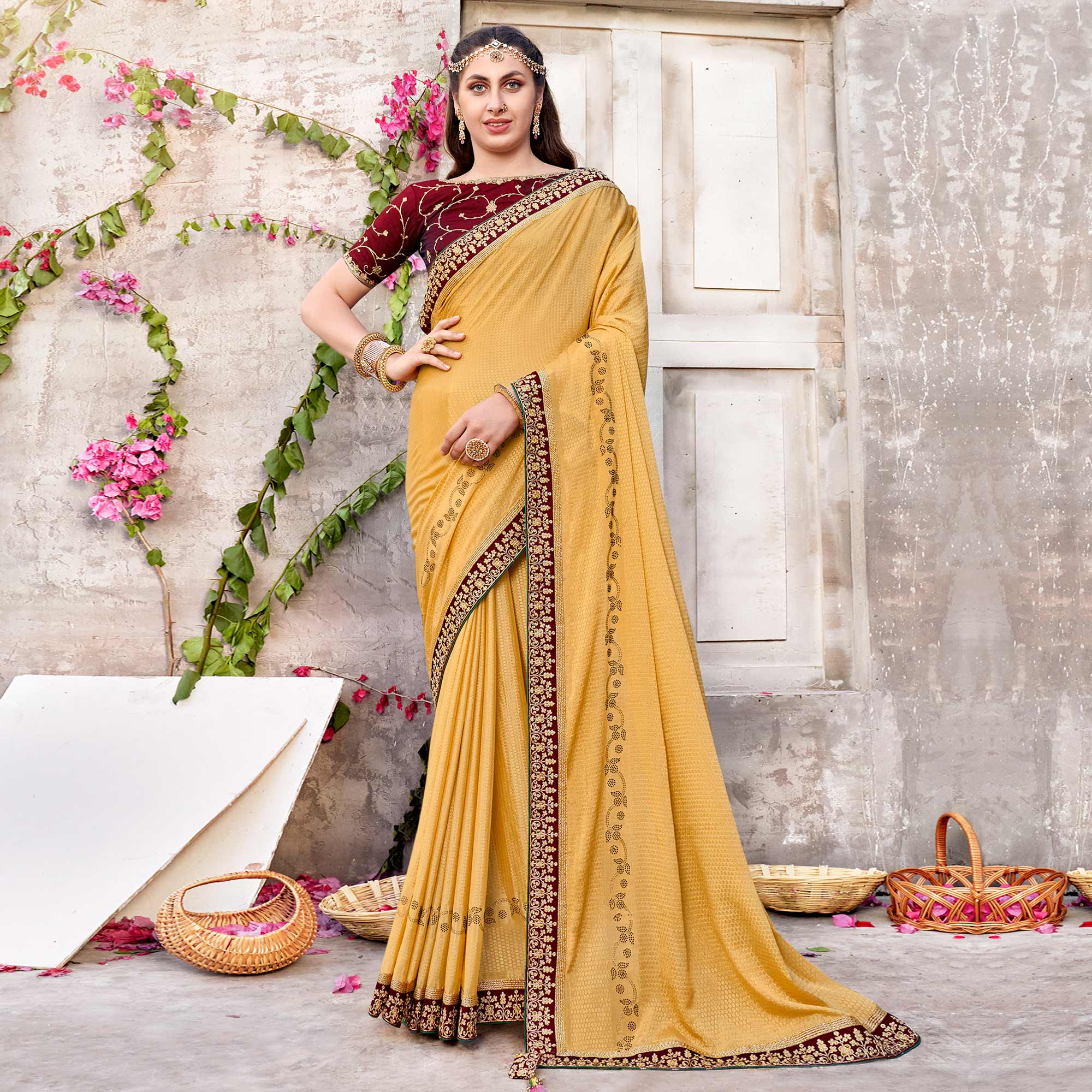 Peachmode Chikoo Embroidered Chinon Saree With Swarovski Work