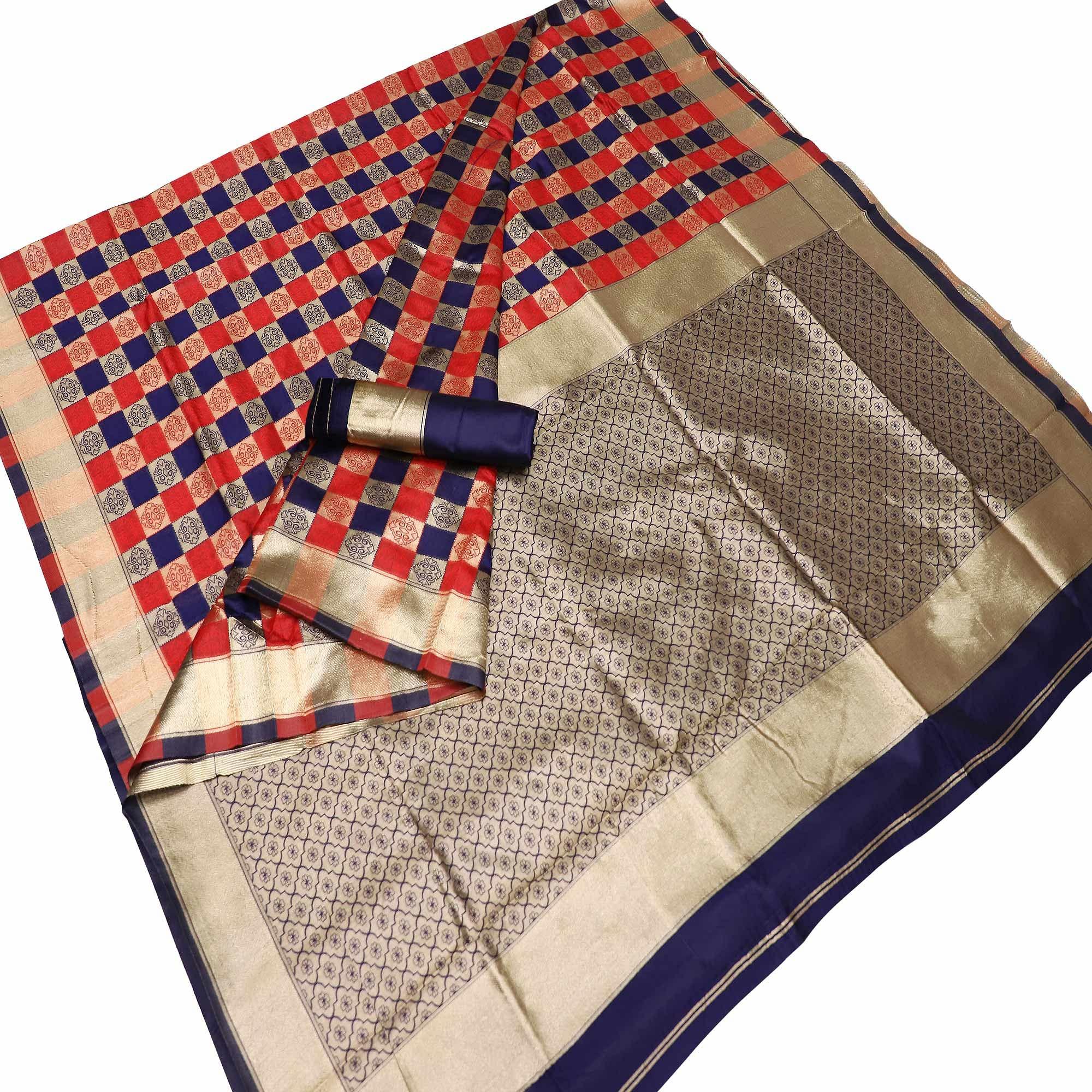 Peachmode Mesmeric Red-Navy Blue Colored Festive Wear Checks Woven Kota Silk Saree