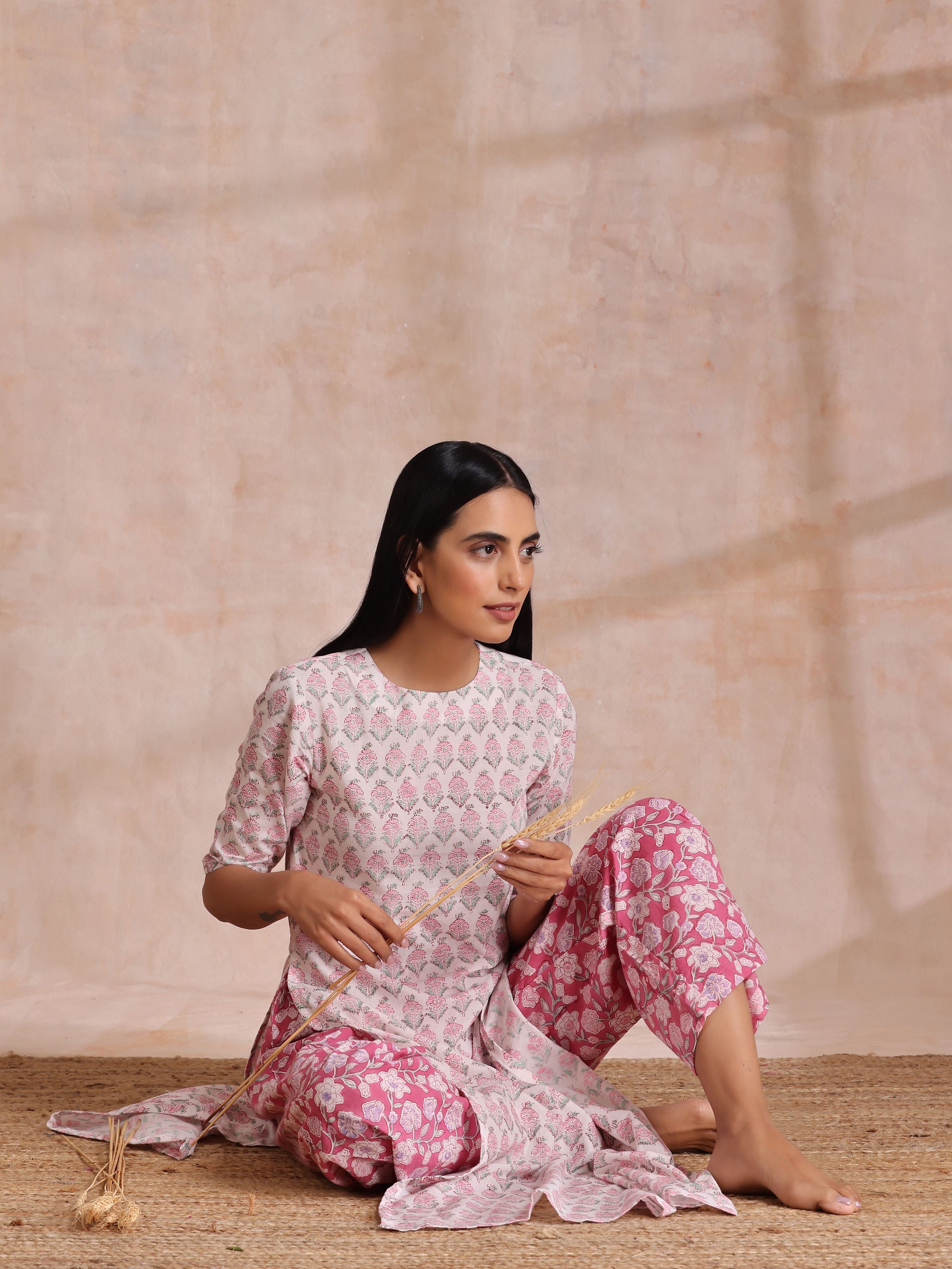 Pink Green Floral On White Block Print Cotton Slit Kurta Pant Set | Relove - view 9