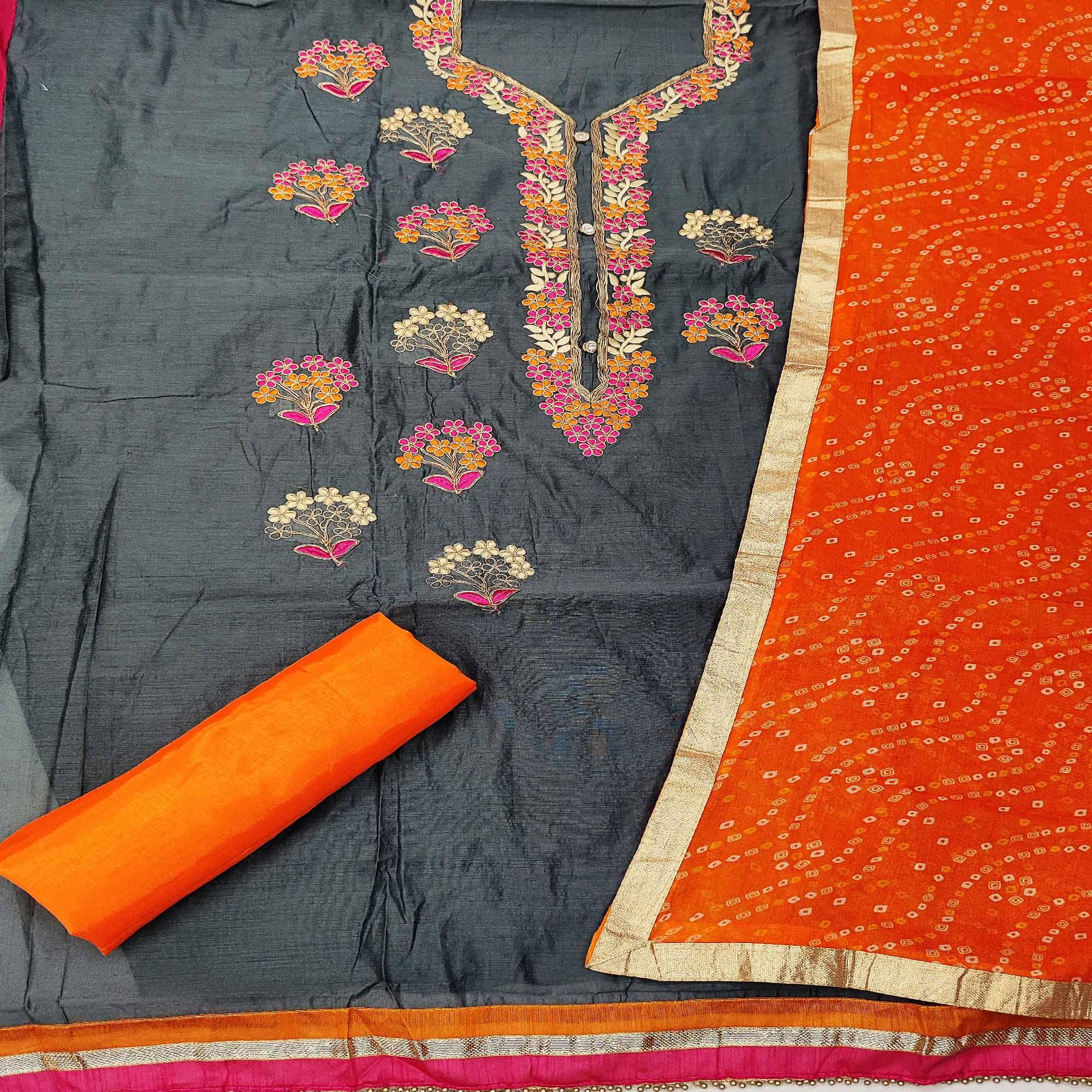 Peachmode Dark Grey Casual Wear Floral Embroidery With Hand Work Modal Chanderi Dress Material - view 3