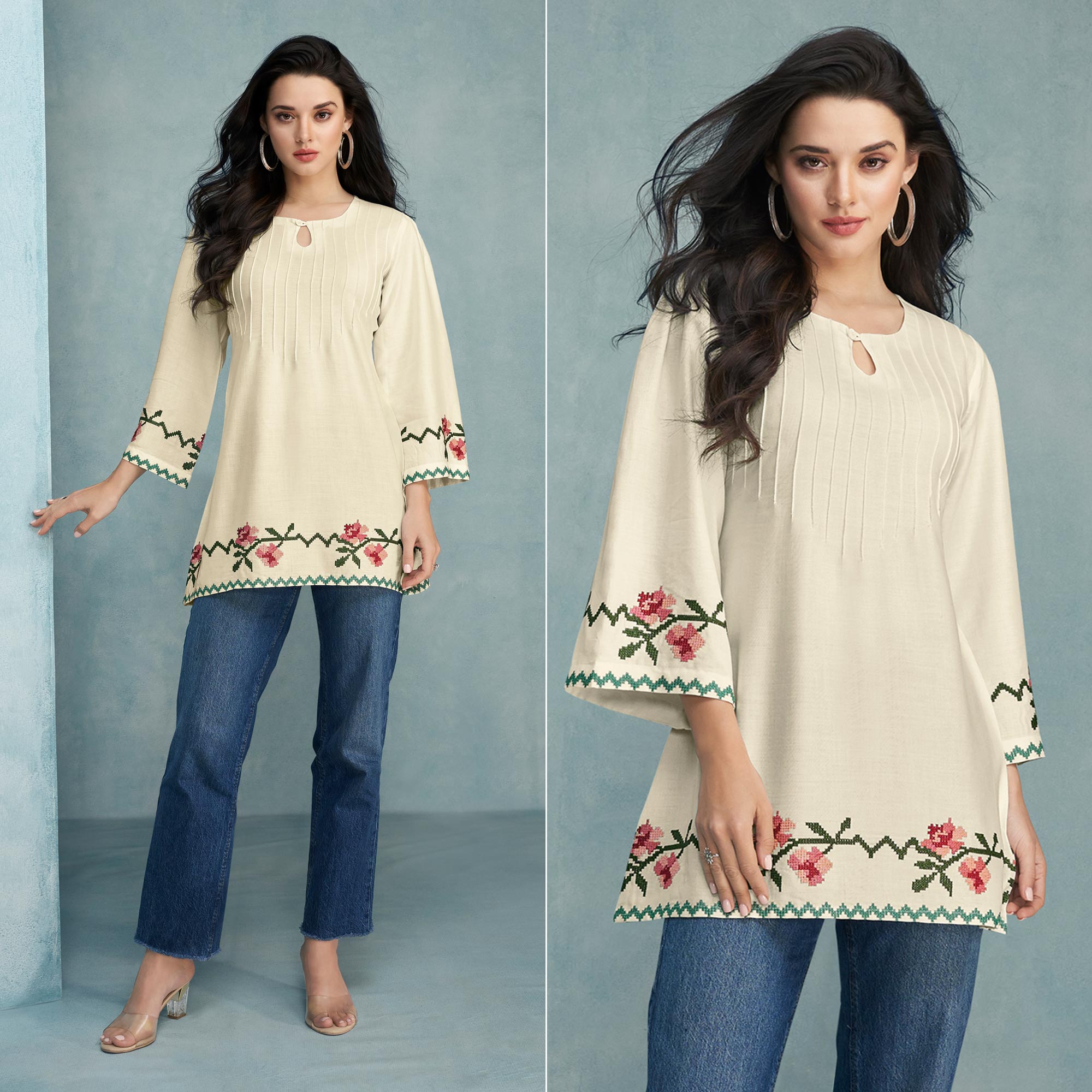 Peachmode Cream Floral Embroidered Rayon Top