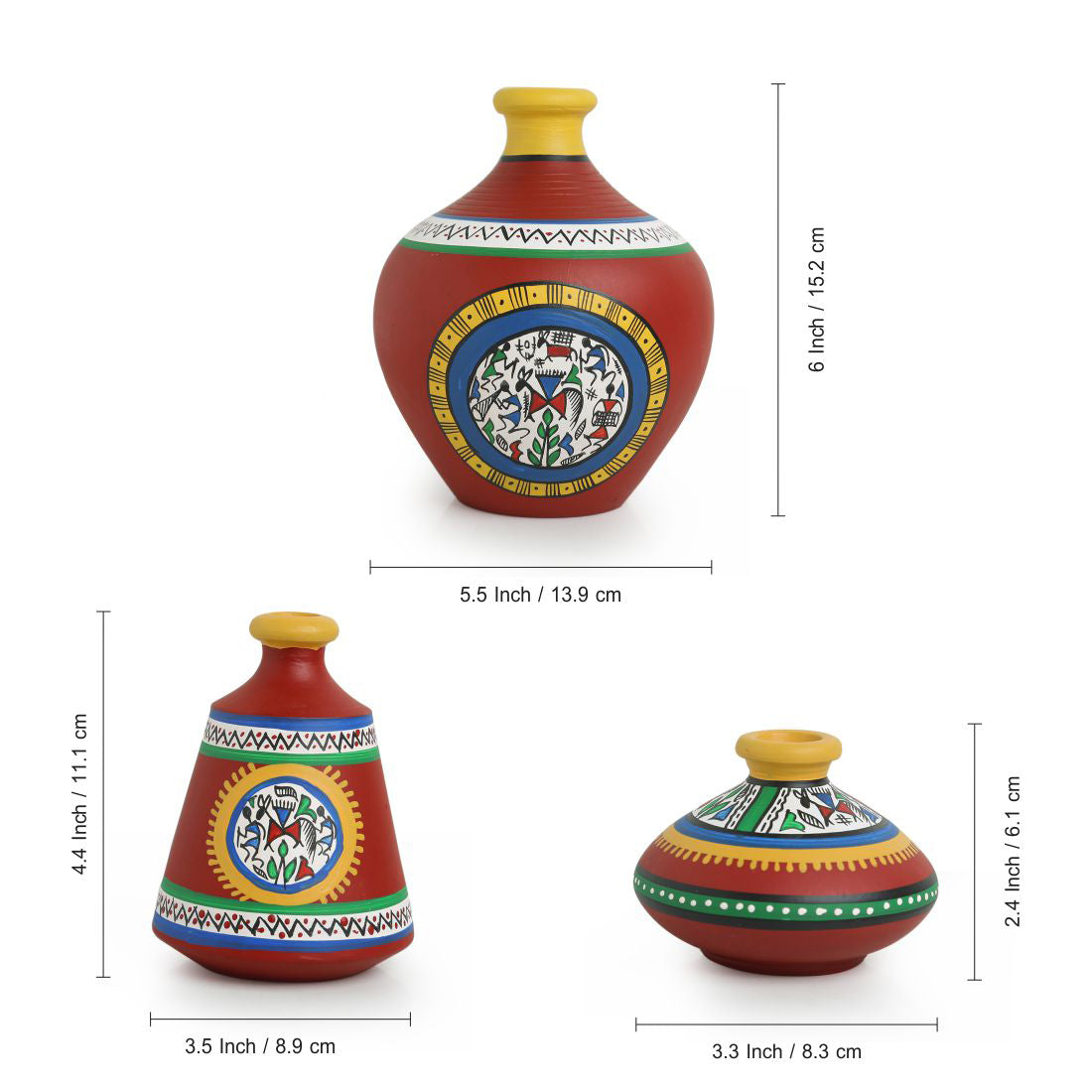 EXCLUSIVELANE 'Warli Red Matkis' Handpainted Terracotta Vases (Set of 3) - view 6