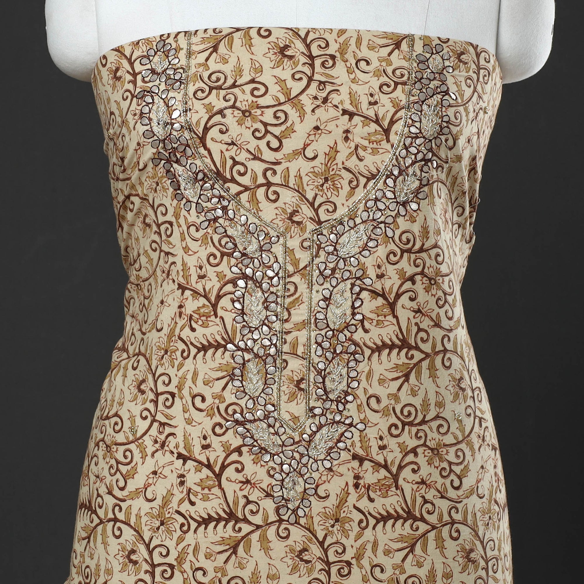 NOORI BAZAR Beige - Embroidered Cotton Kalamkari Print Kurta Material (2.55m) - view 3