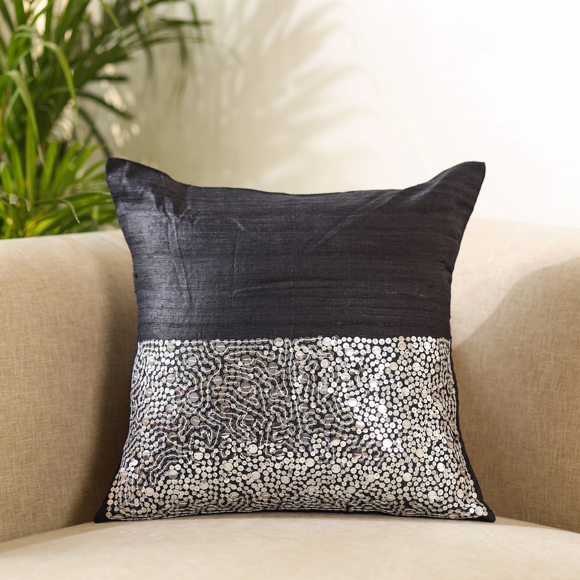 CHHATTISGARH HASTSHILP VIKAS BOARD Black - Aari Embroidery Sequin Work Ghicha Silk Cushion Cover (16 x 16 in)
