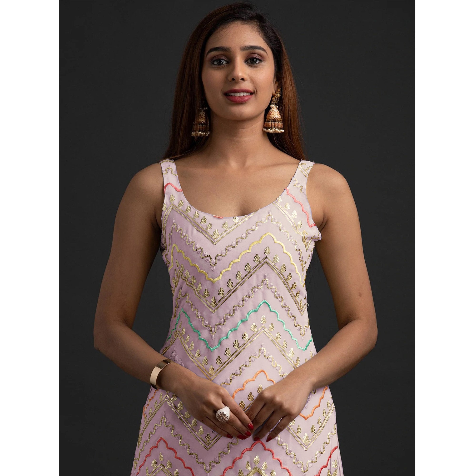 Peachmode Lavender Embroidered Georgette Sharara Suit - view 4