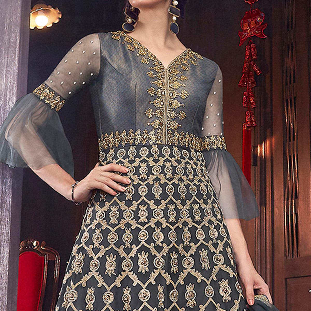 Peachmode Innovative Grey Colored Partywear Embroidered Net Palazzo Suit - view 2