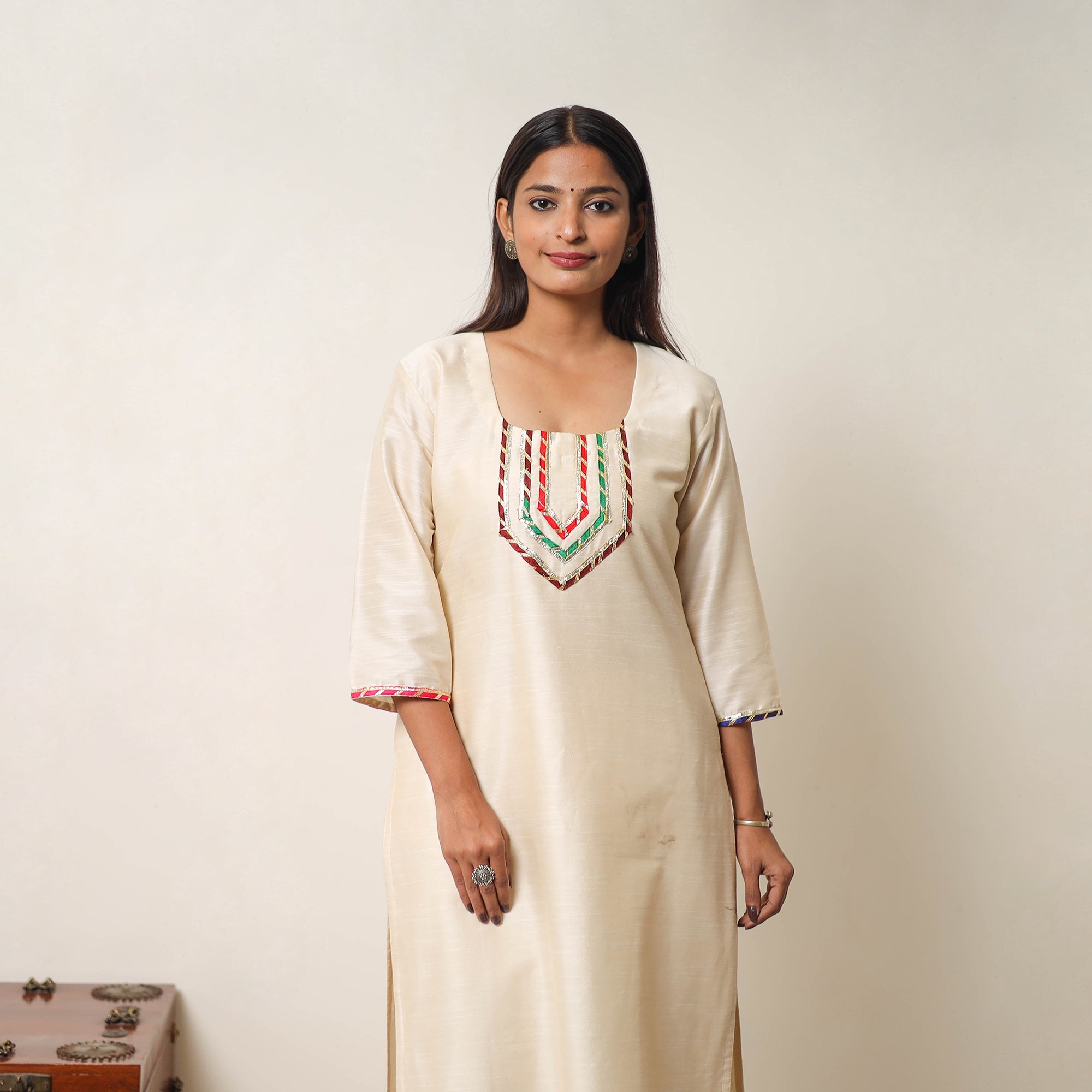 ITOKRI CASUALS Beige - Najia Cream Gota Work Slub Silk Plain Kurta