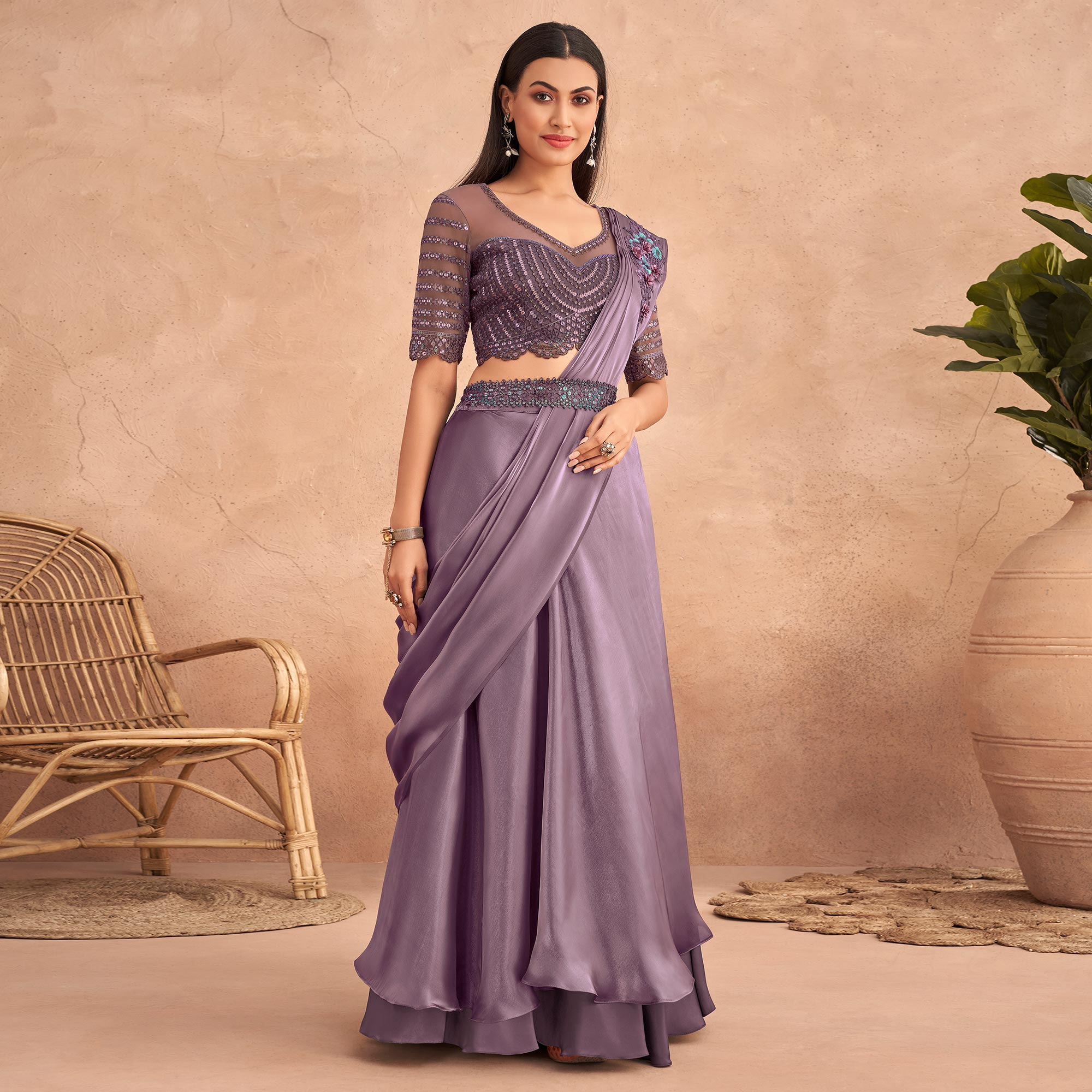 Peachmode Seller Mauve Sequins Embroidered Ready To Wear Art Silk Saree - view 2