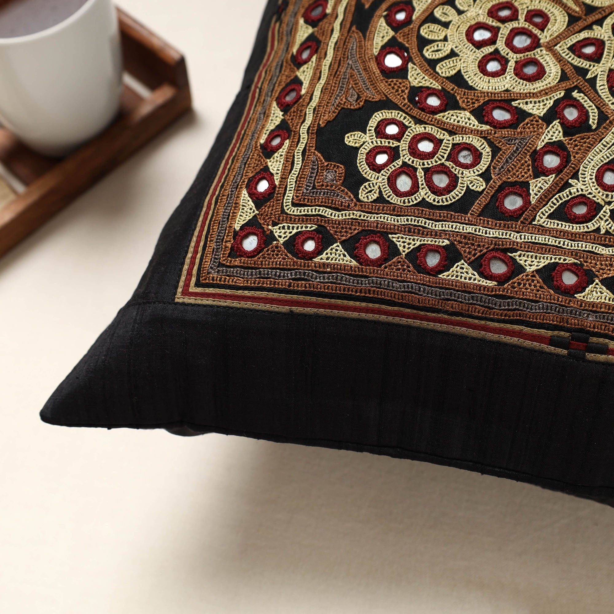 QASAB Black - Kutch Ahir Hand Embroidery Silk Cushion Cover (16 x 16 in) - view 2