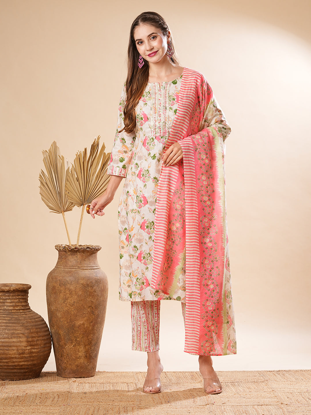 Fashor Floral Printed Sequins & Resham Embrodiered Kurta with Pants & Dupatta - Off White