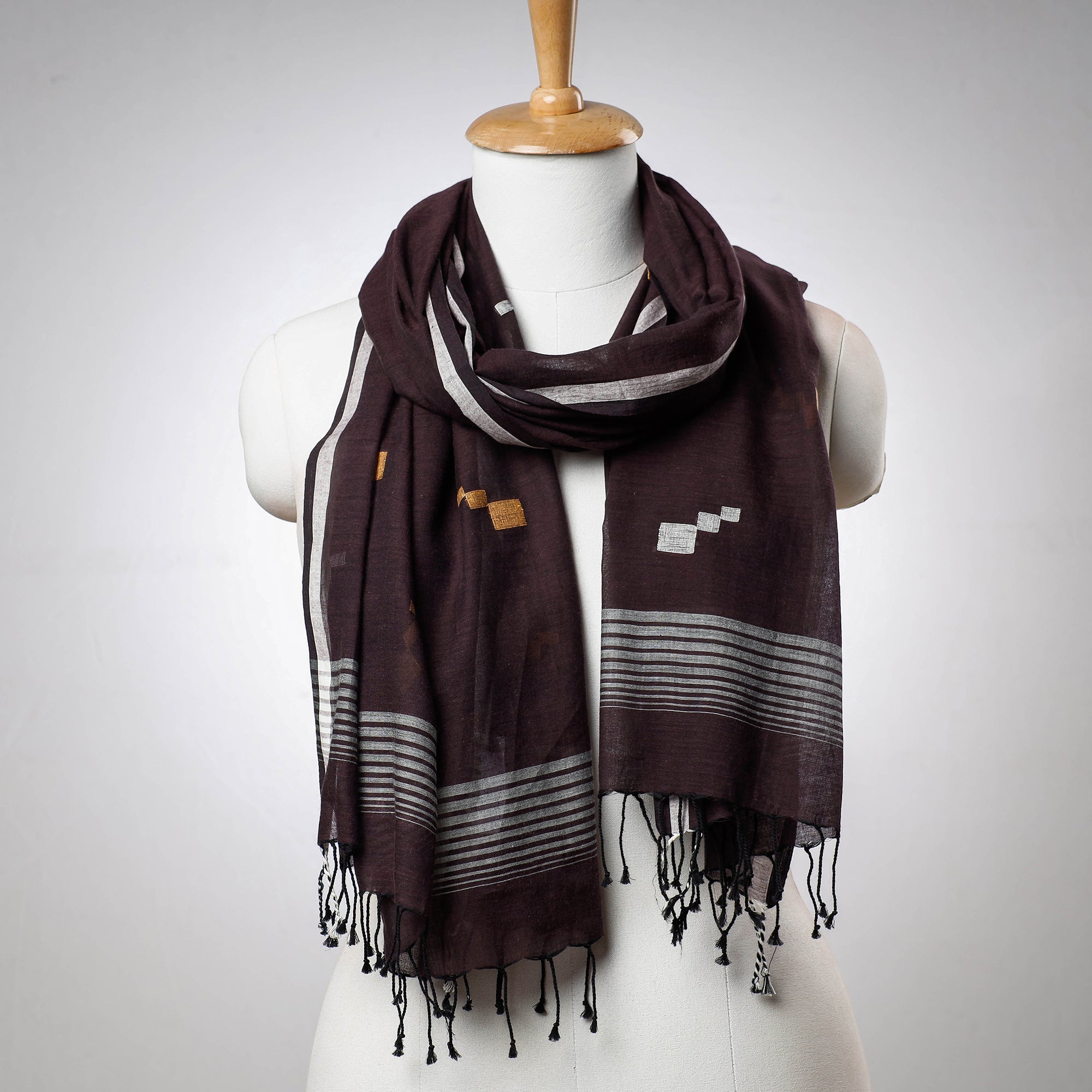 SASHA Brown - Phulia Bengal Handloom Cotton Stole with Tassels