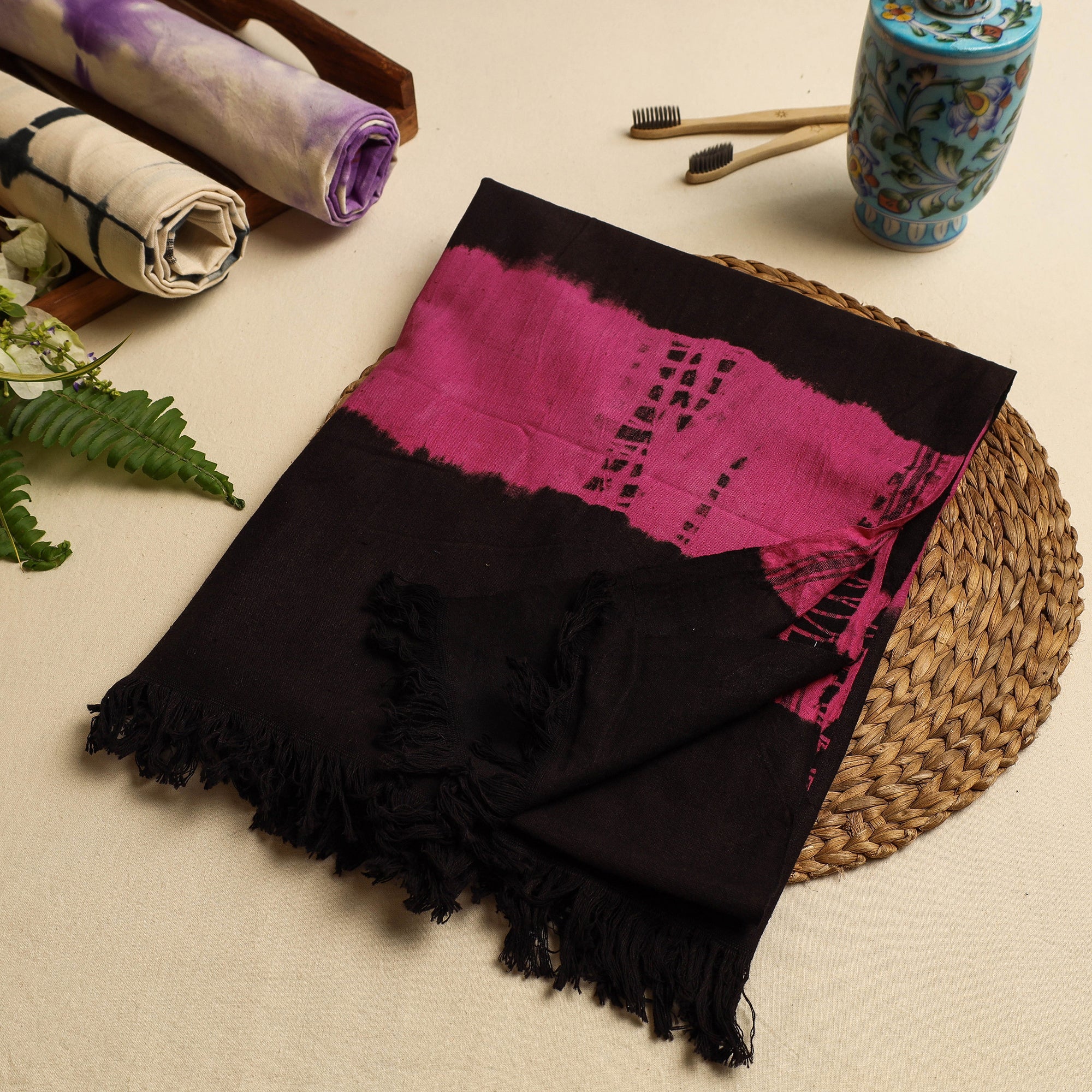 ARTISAN HAND BLOCK PRINTS Black - Jhiri Handloom Shibori Tie-Dye Cotton Towel