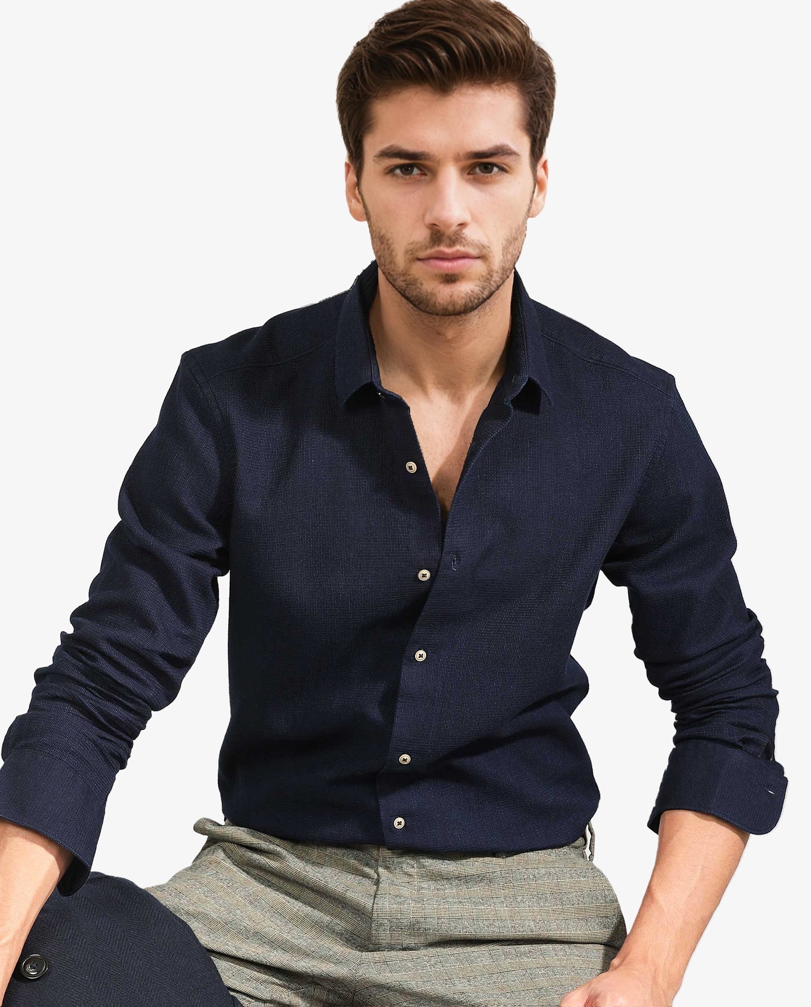 Rare Rabbit Men's Bantry Dark Blue Cotton Fabric Full Sleeves Solid Dobby Shirt