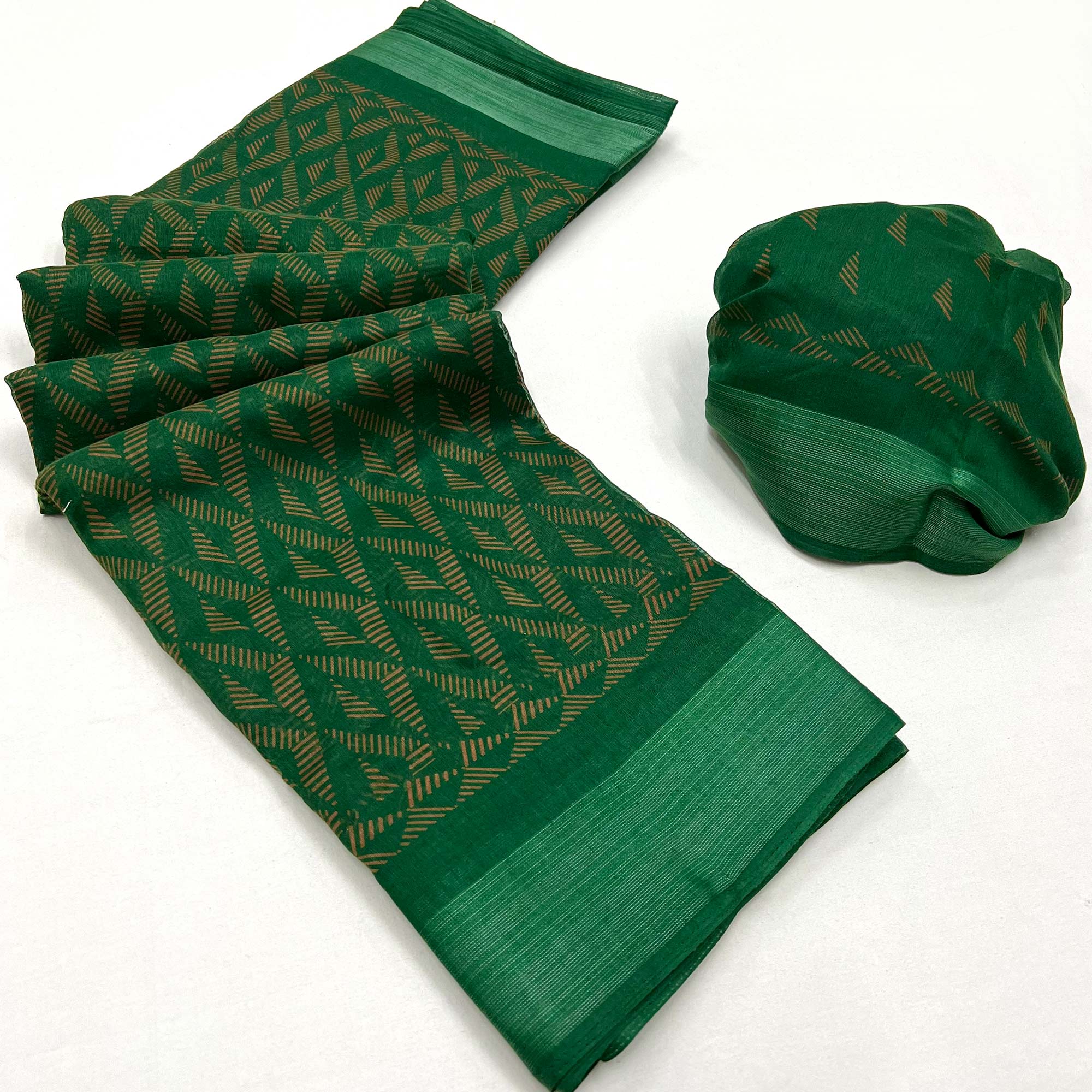 Peachmode Dark Green Printed Cotton Blend Saree - view 3
