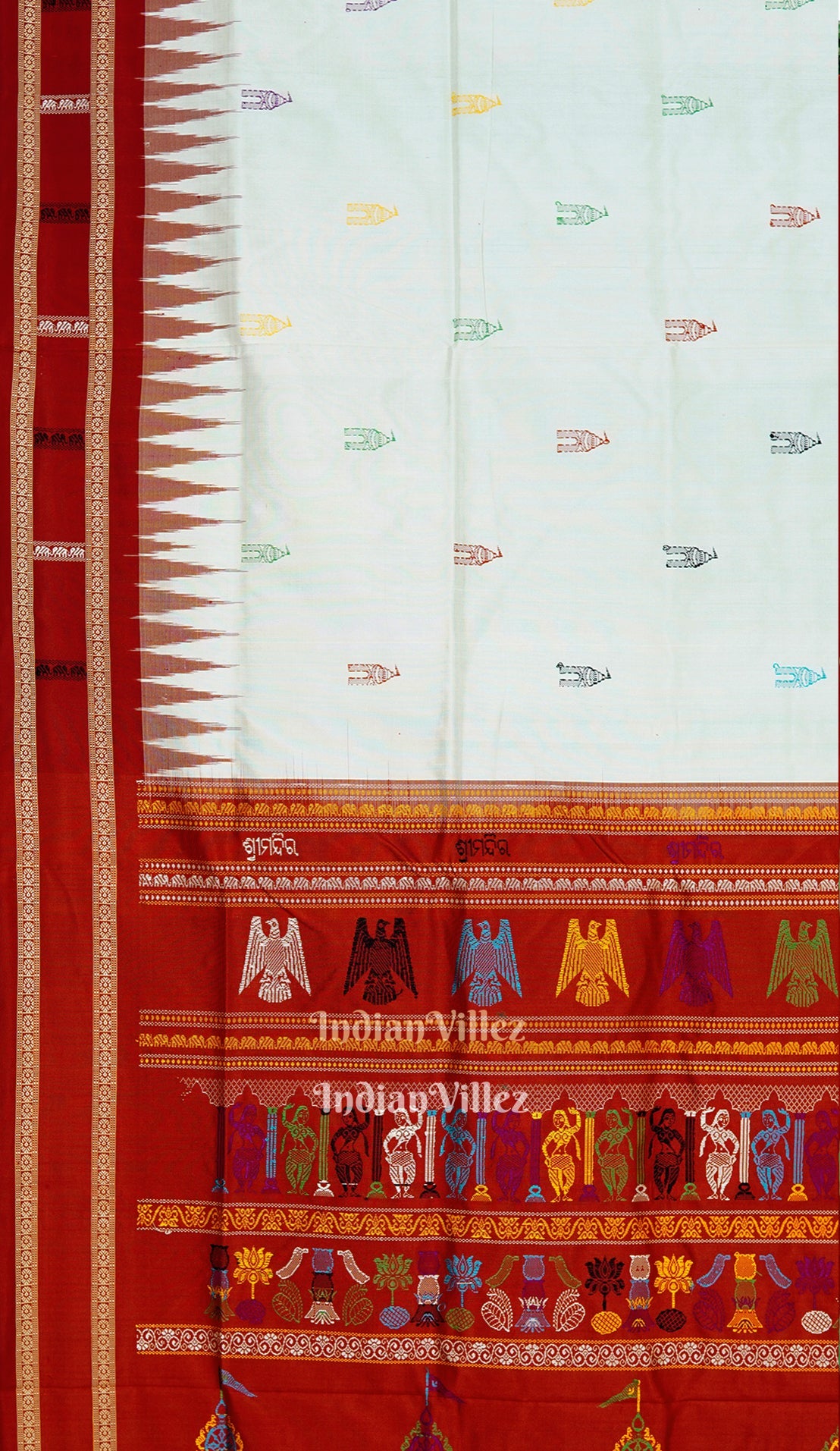 IndianVillèz White Red Shree Mandir Theme Sambalpuri Ikat Silk Saree - view 3