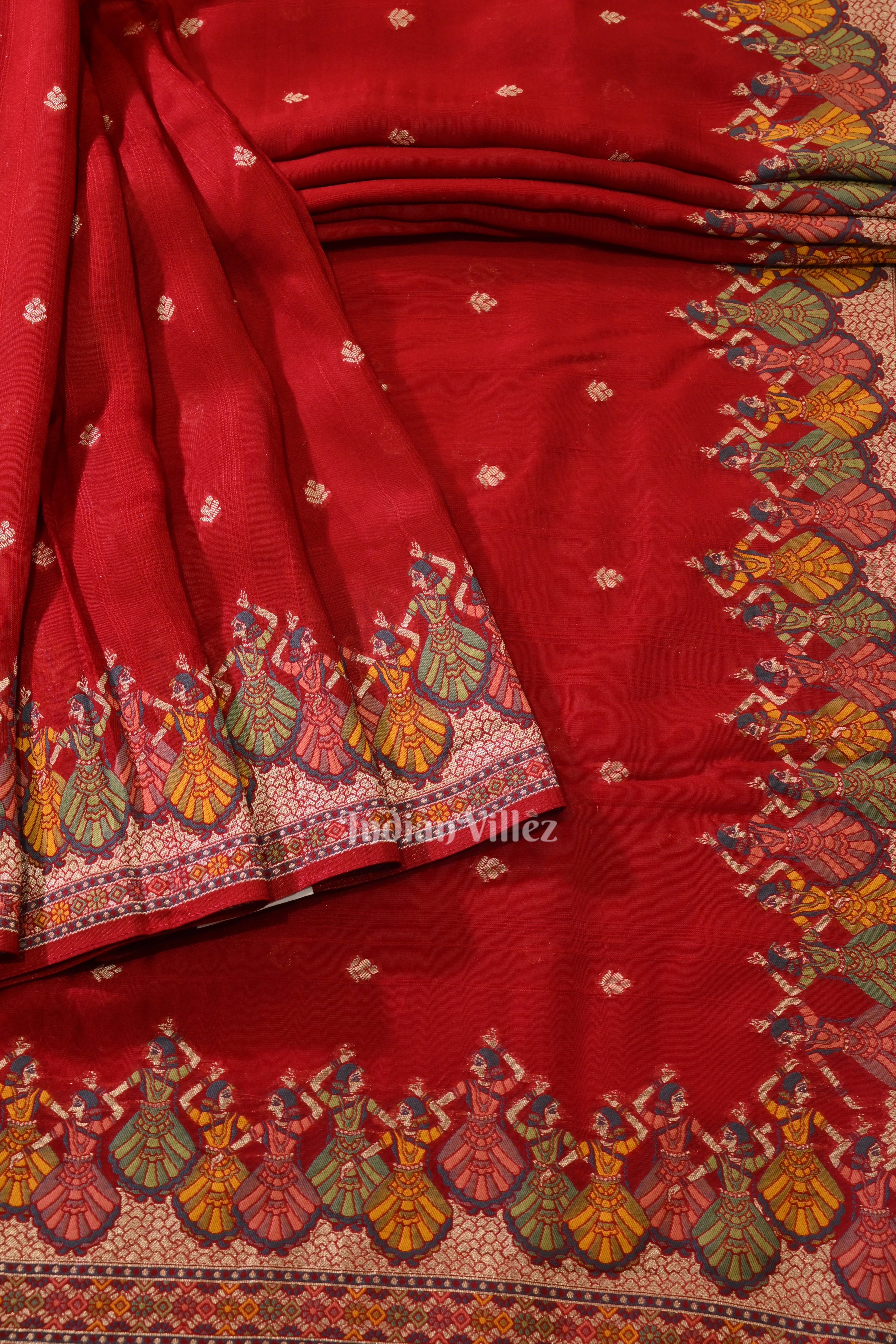 IndianVillèz Deep Red Nartaki Theme Tussar Banarasi Handloom Silk Saree