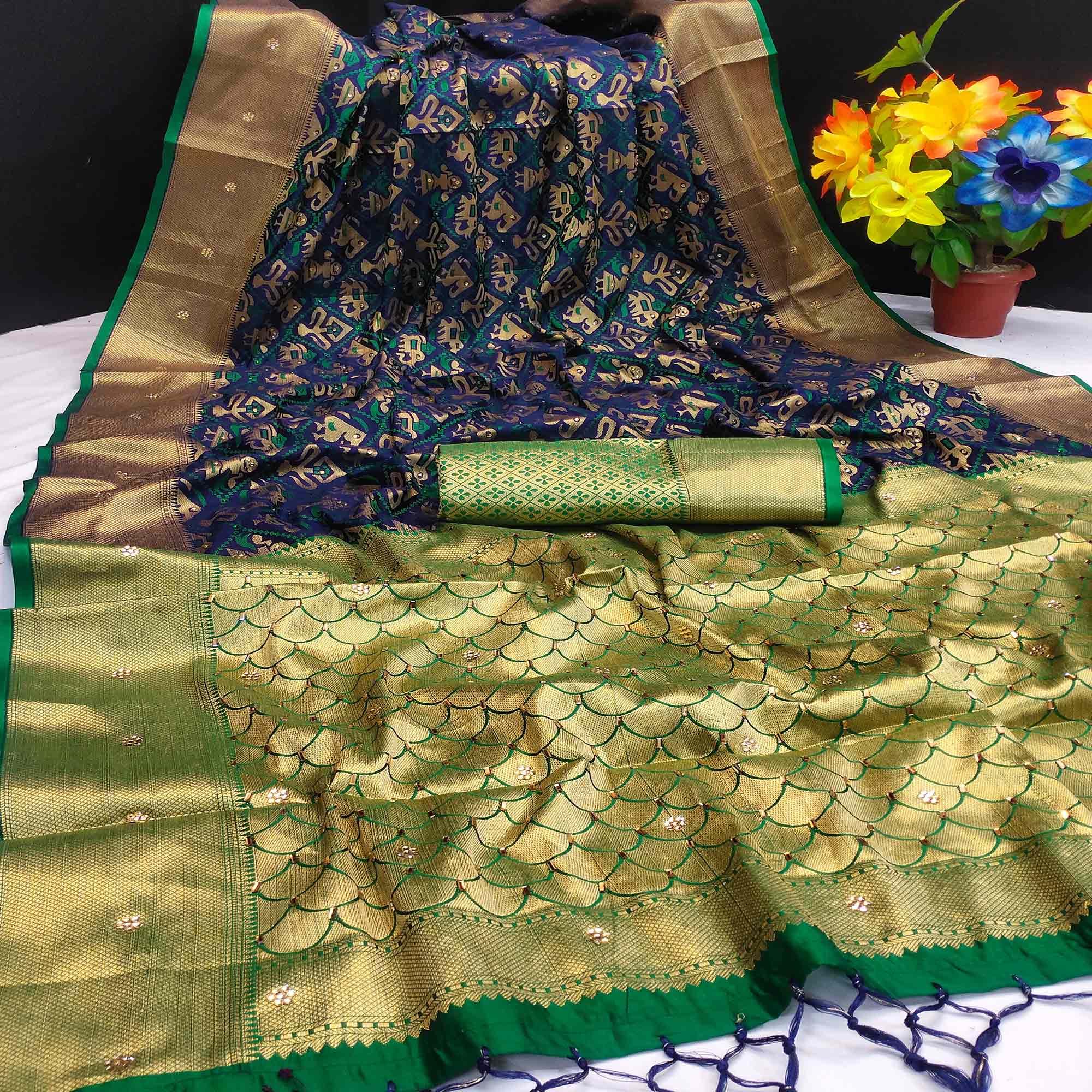 Peachmode Imposing Navy Blue Colored Festive Wear Woven Banarasi Silk Saree