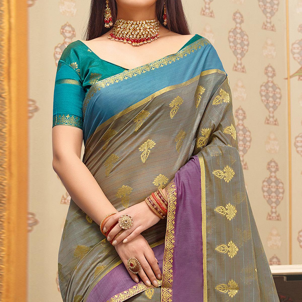 Peachmode Magnetic Grey Colored Festive Wear Woven Cotton Handloom Saree - view 2