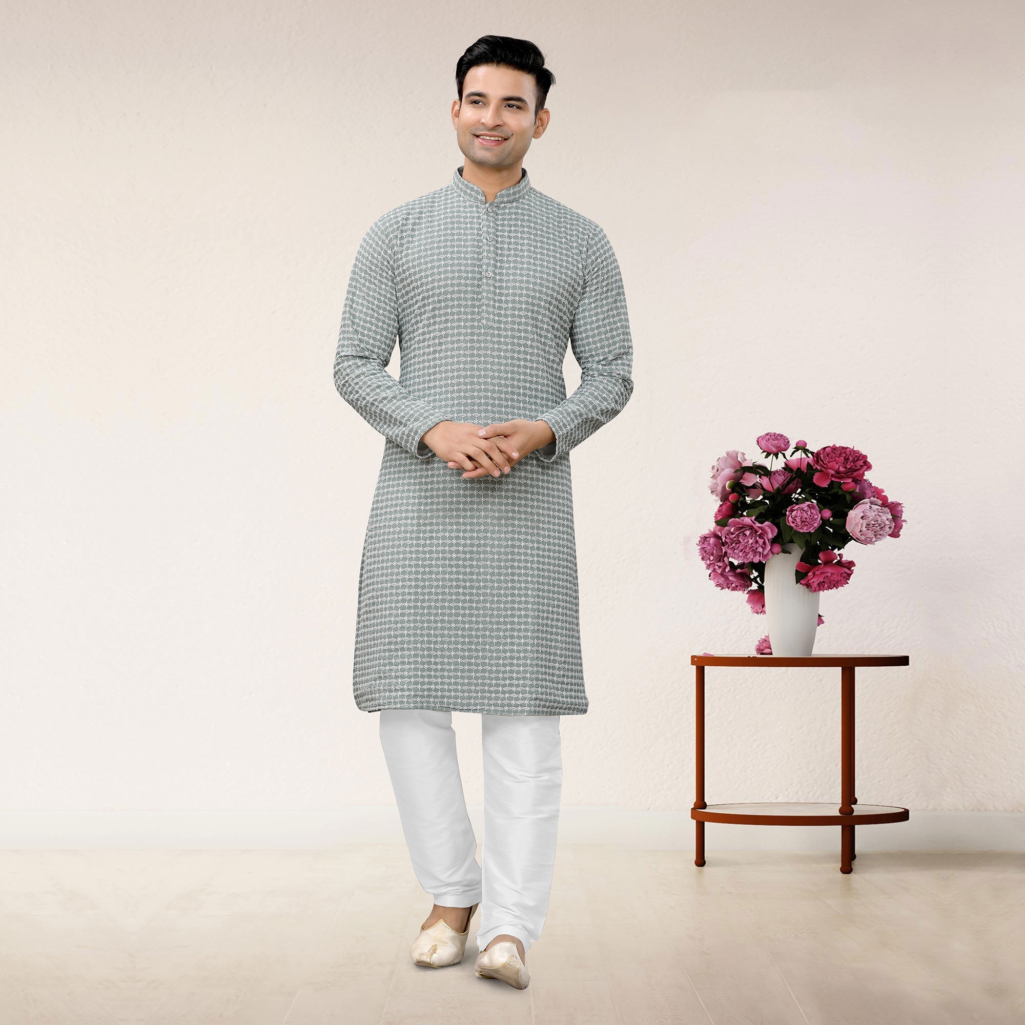 BlackTree gray-lucknowi-embroidered-georgette-kurta-pyjama-set - view 2