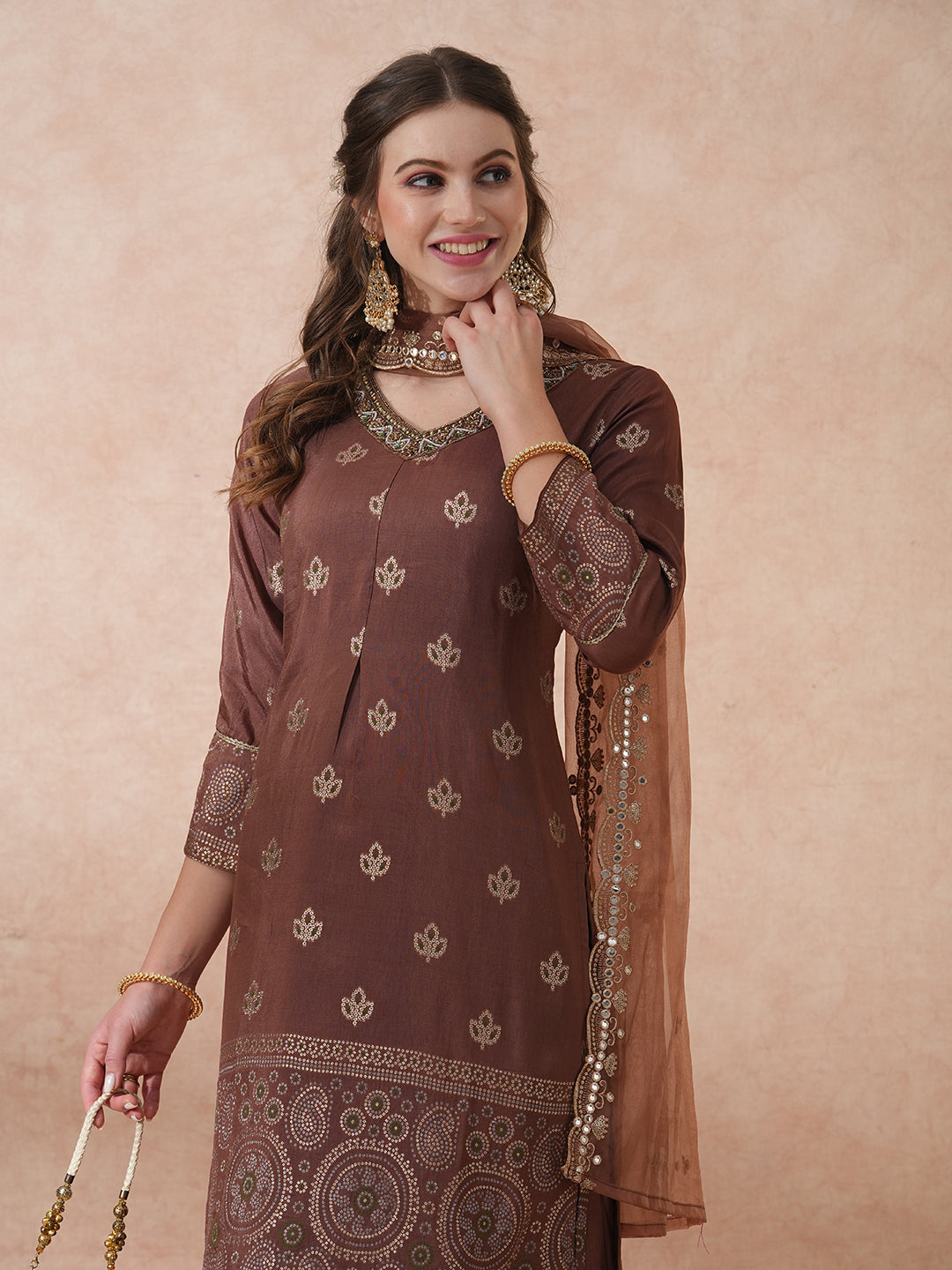 FASHOR Ethnic Hand Embroidered Jacquard Straight Kurta with Pant & Dupatta - Brown - view 2