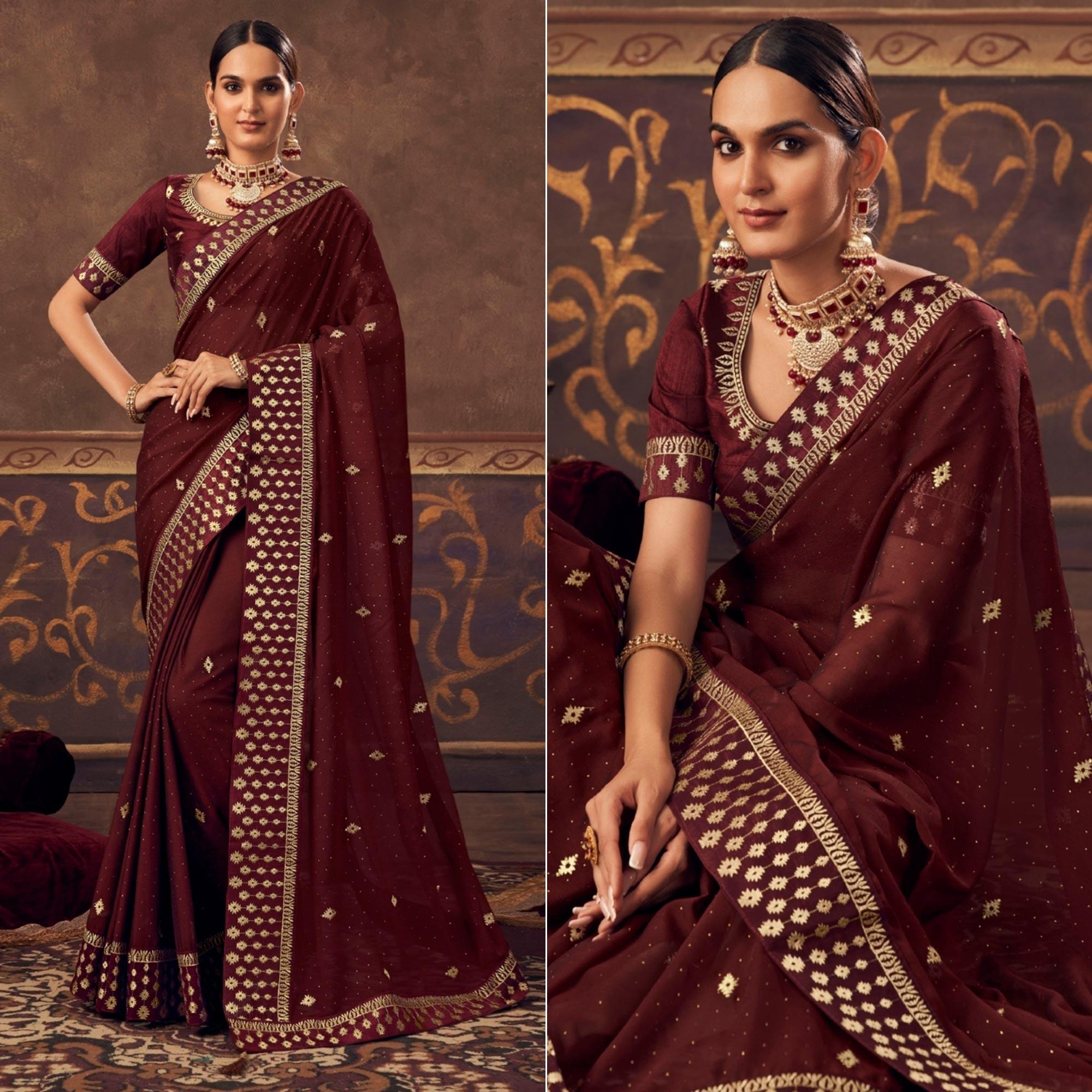 Peachmode Maroon Embroidered Chiffon Saree – Women's