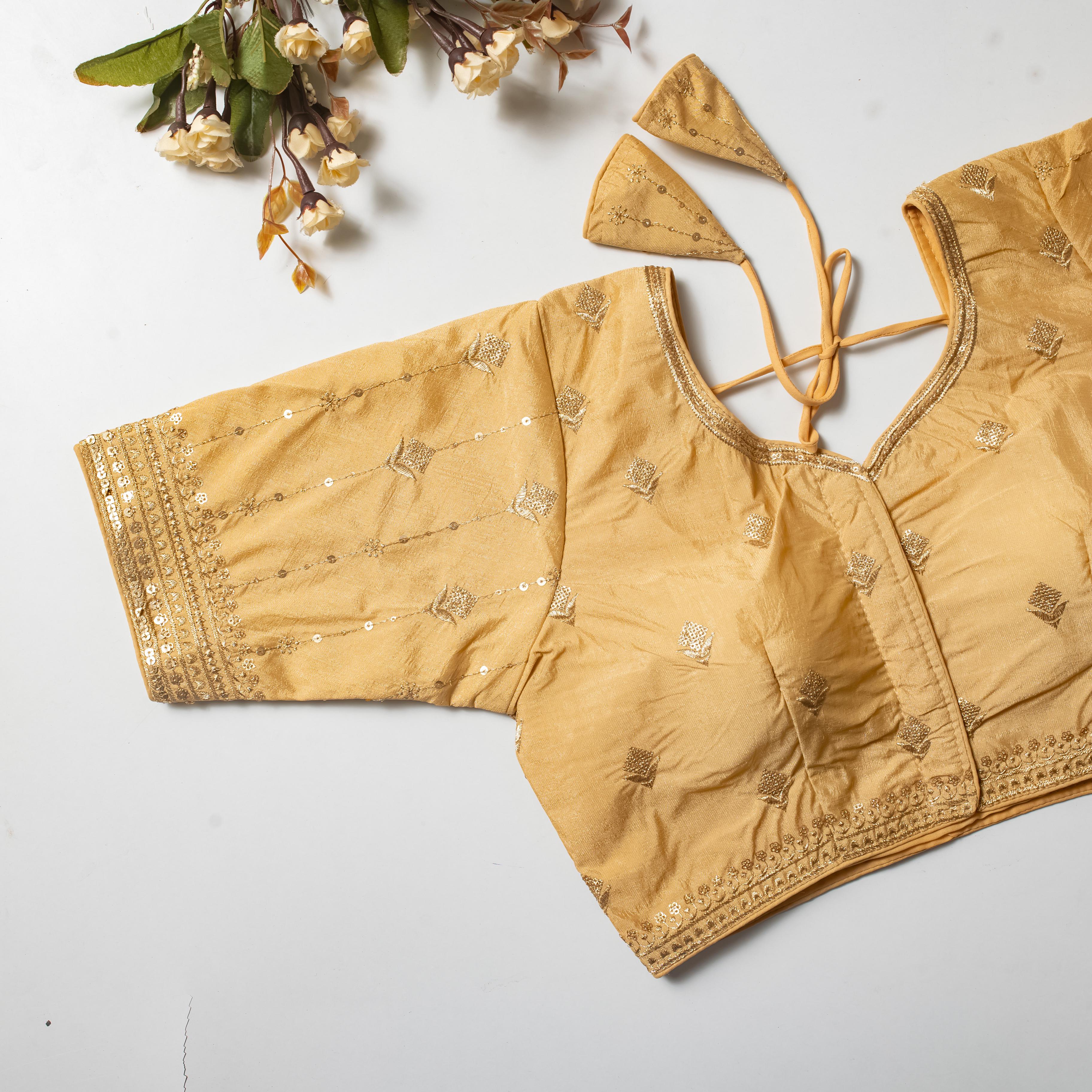 ClothsVilla Cream Golden Embroidered Vibrant Silk Blouse with Sequins