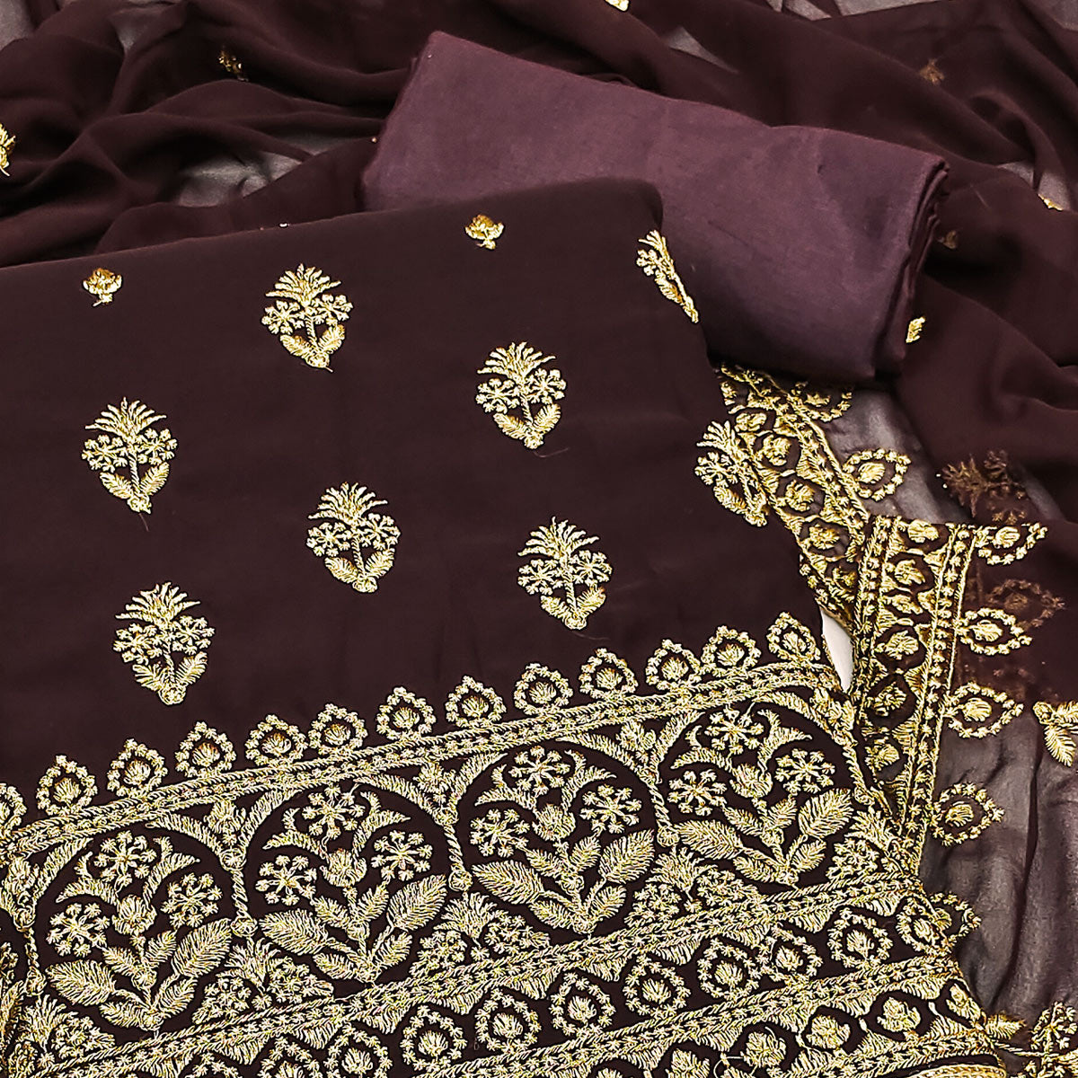 Peachmode Brown Floral Embroidered Georgette Dress Material - view 2