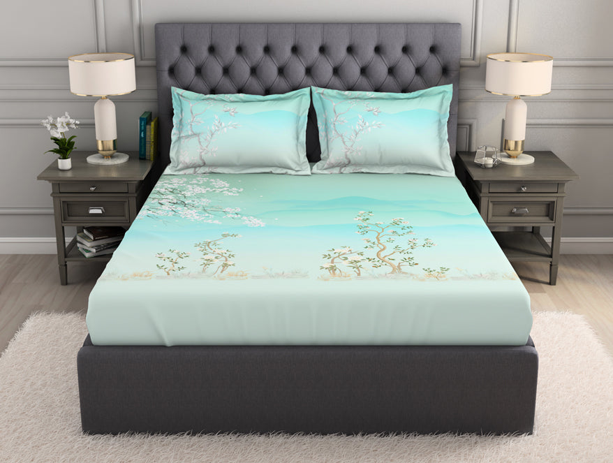 Spaces India Floral Light Blue 100% Cotton King Size Bedsheet Organic Cotton - By Spaces