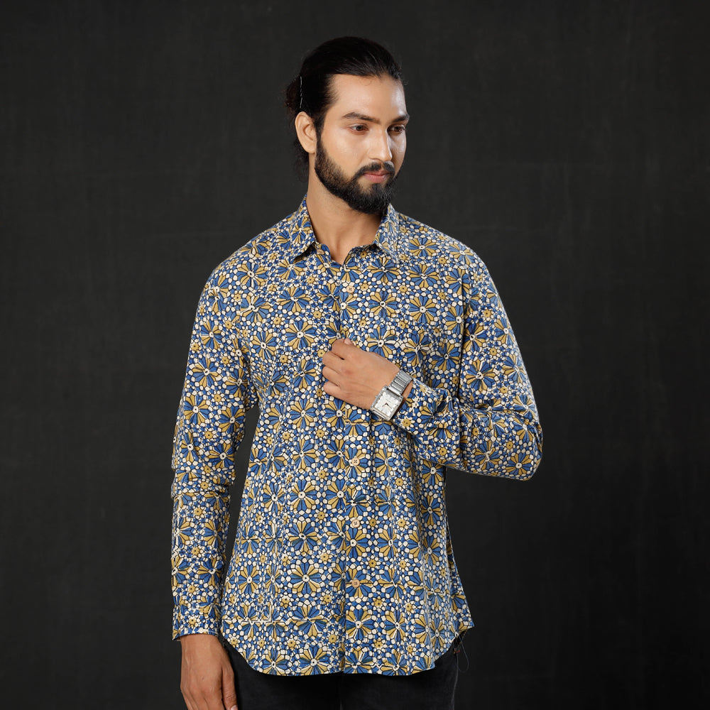 ITOKRI CASUALS Blue - Geometric Flowers Ajrakh Block Printed Cotton Men Full Sleeve Shirt - view 4